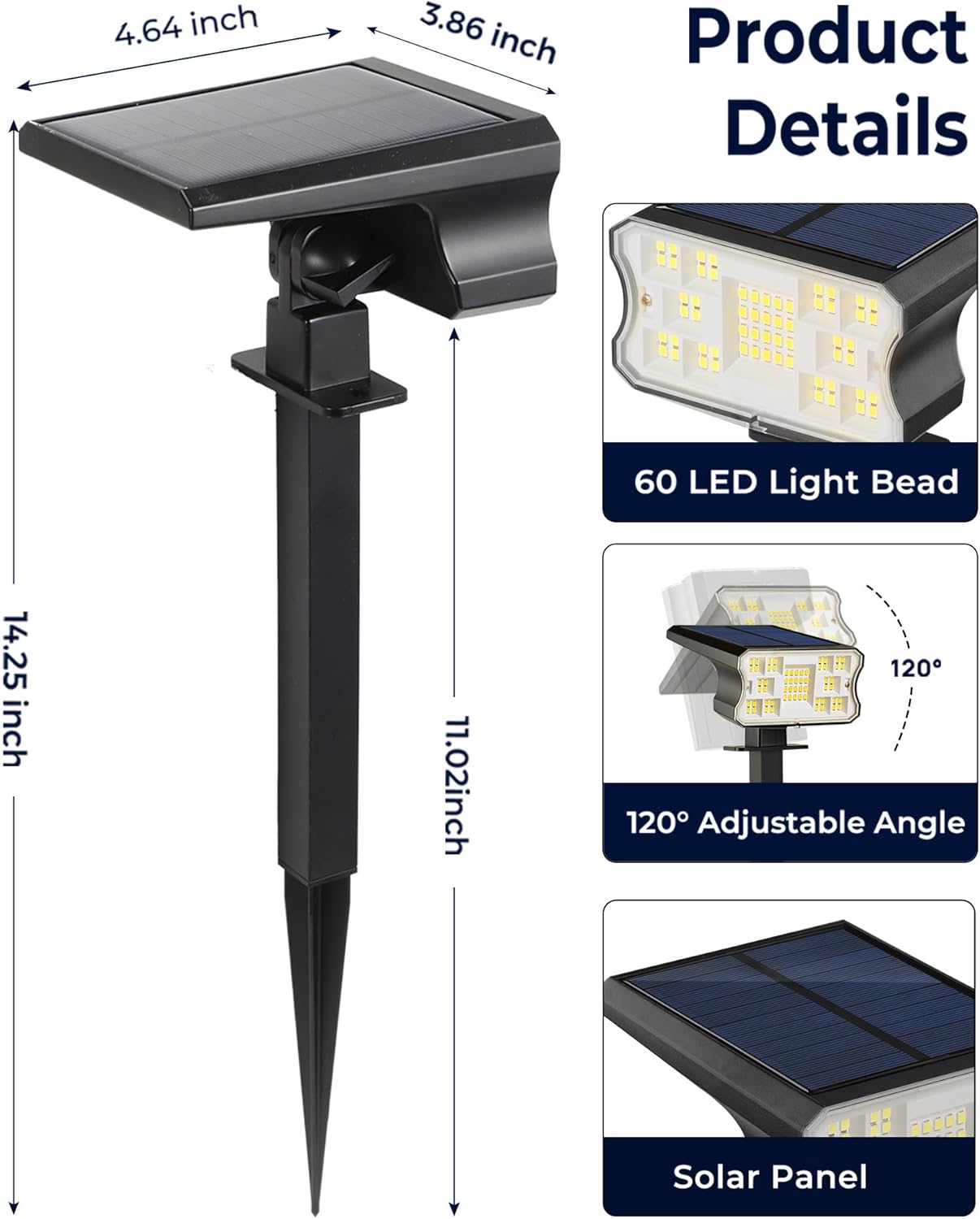 HGGH Solar Lights Outdoor Waterproof IP67, 60 LED 3 Lighting Modes Solar Spot Lights Outdoor for Yard Garden Pathway Landscape, Auto On/Off, Function 2 in 1(Warm White, 4 Pack)