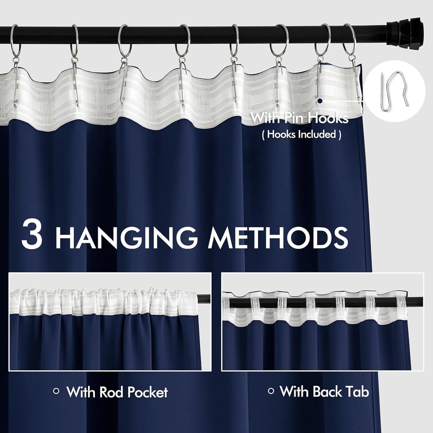 MIULEE Navy Blue Back Tab Blackout Curtains 108 Inch Long 2 Panels Set for Bedroom, Rod Pocket/Pinch Pleat Extra Long Thermal Insulated Living Room Darkening Pleated Light Blocking Drapes
