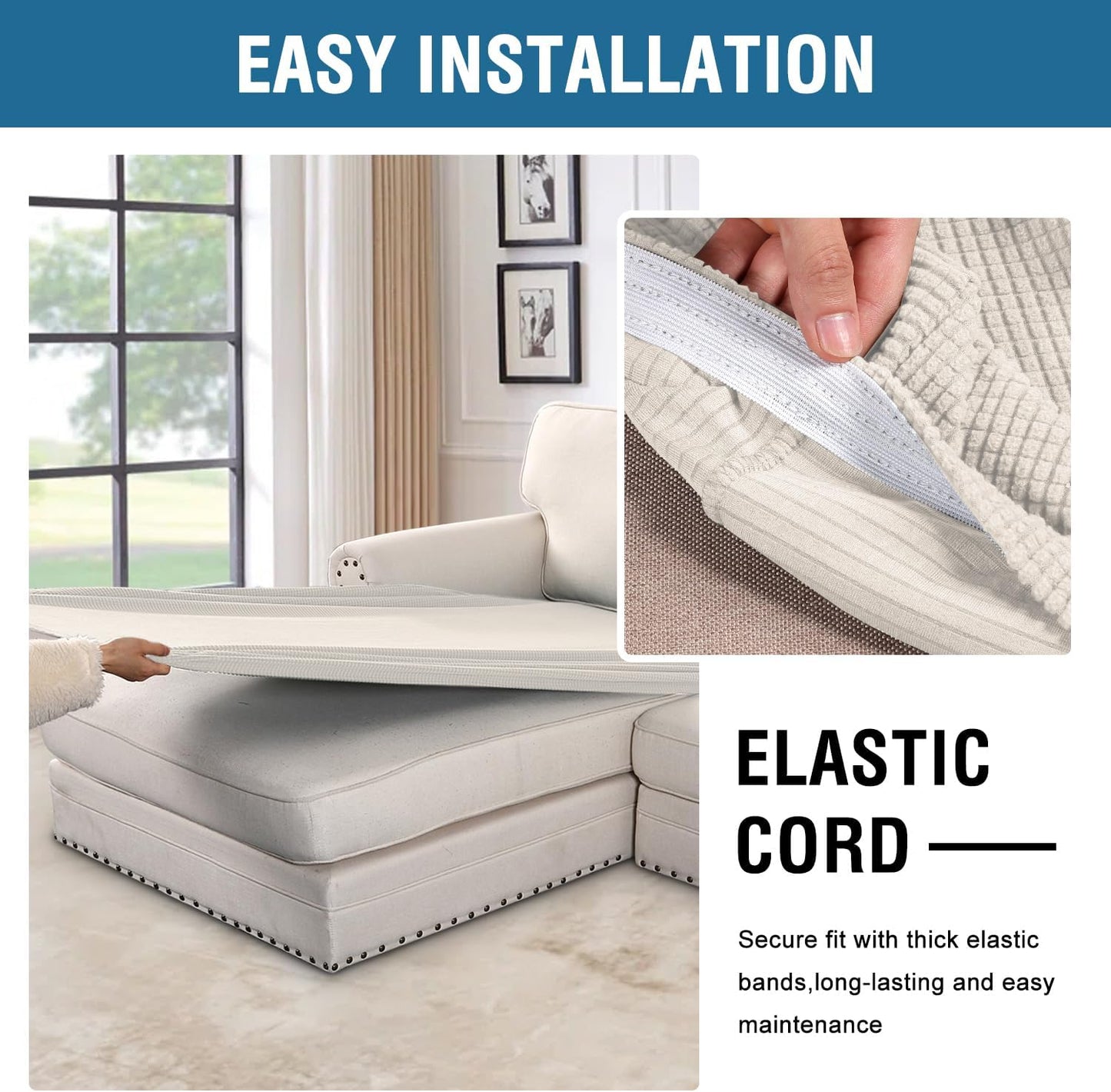 H.VERSAILTEX Super Stretch Individual Chaise Cover Sectional Couch Covers for L Shaped Sofa Both Left/Right Featuring Thick Jacquard Textured Twill Fabric (1 Piece Chaise Cover, Porcelain)