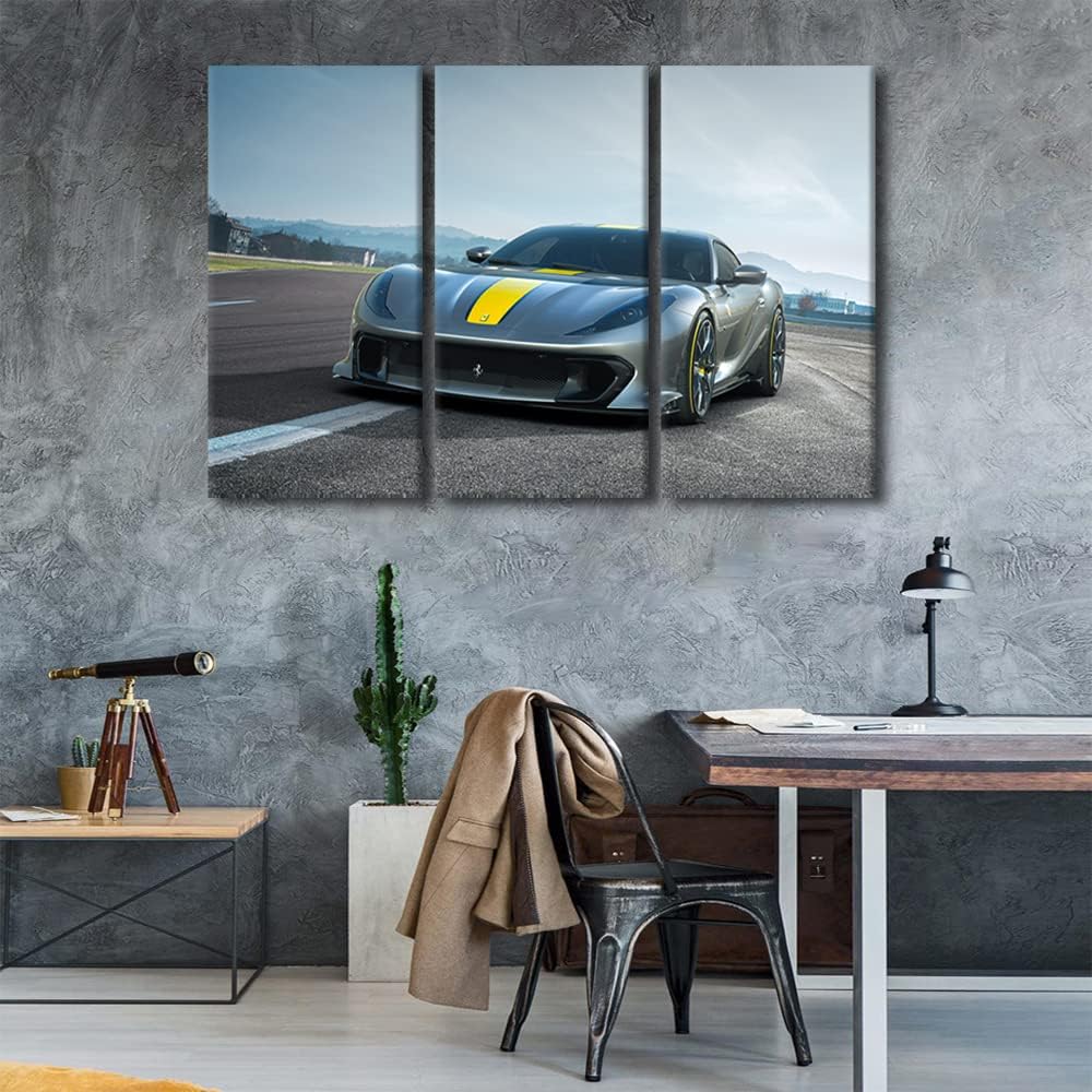 Gray Sports Car Pictures for Living Room Supercar on the Runway Wall Art Prints on Canvas Speedy Car Painting Modern Artwork Wall Decor for Boys Bedroom Office Bathroom Decor Ready to Hang, 42"Wx28"H