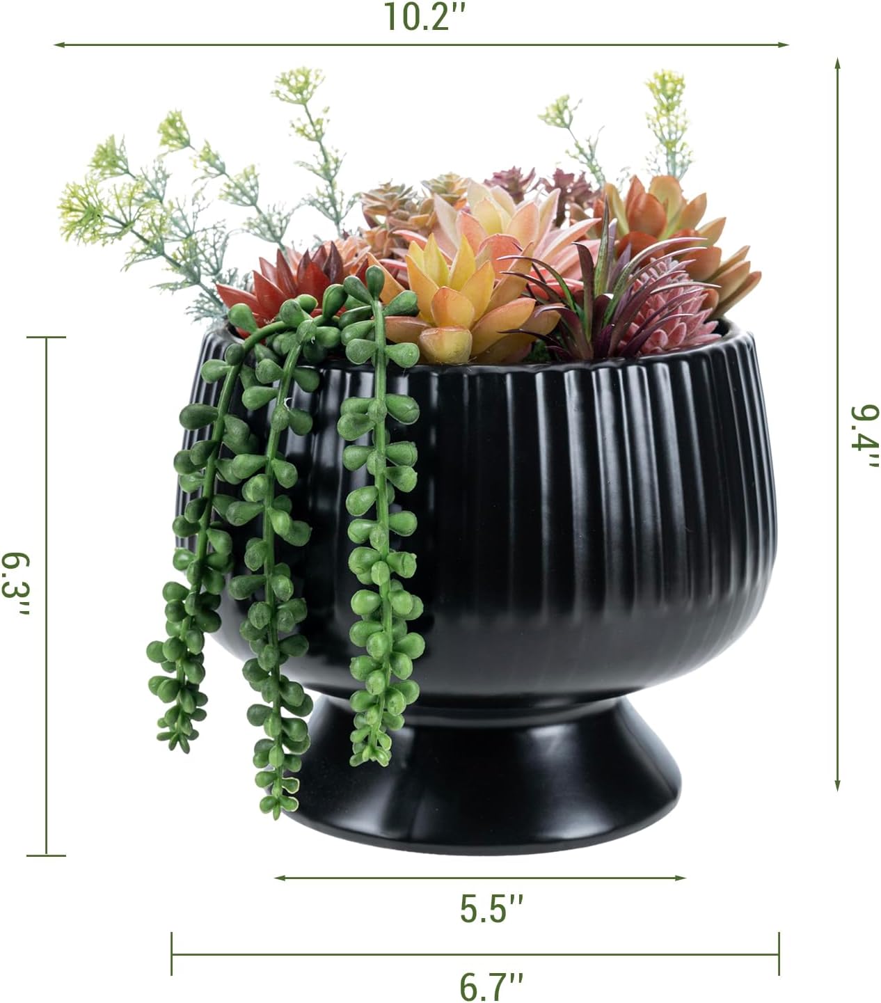 MyGift 10 Inch Modern Artificial Succulent Arrangement Potted in Matte Black Ribbed Ceramic Round Planter, Decorative Plant Pot with Assorted Faux Mini Succulents