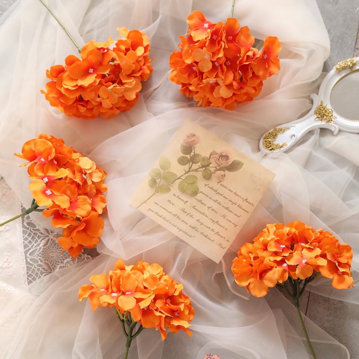 Tifuly Hydrangea Artificial Flowers -12 pcs Realistic Fake Hydrangea Silk Flowers with Stems Faux Hydrangea Flowers Heads for Office Home Party Wedding Centerpiece DIY Floral Decor (Orange)