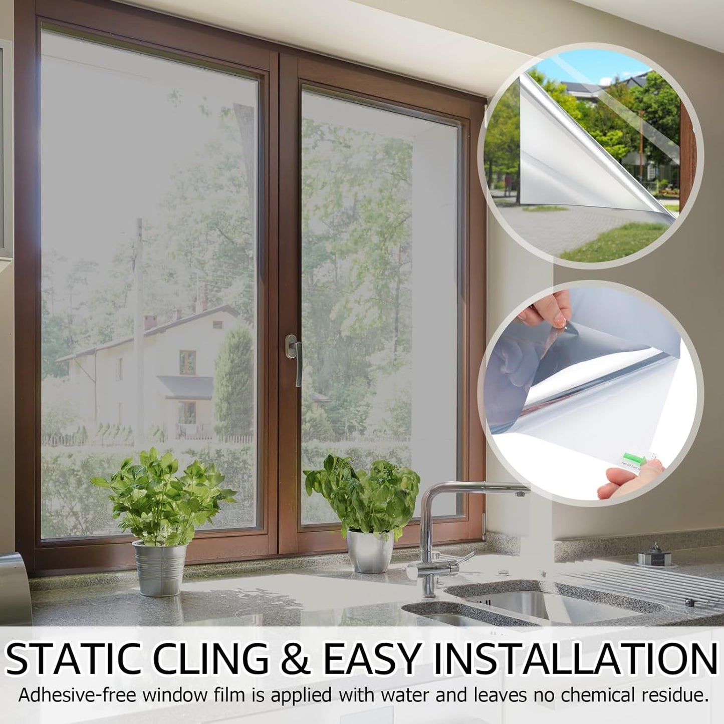 HIDBEA One Way Privacy Window Film, Daytime Privacy Sun Blocking Anti UV Reflective Window Film Heat Control Static Cling Window Tint Film for Home and Office, Silver, 41.3 x 78.7 Inch