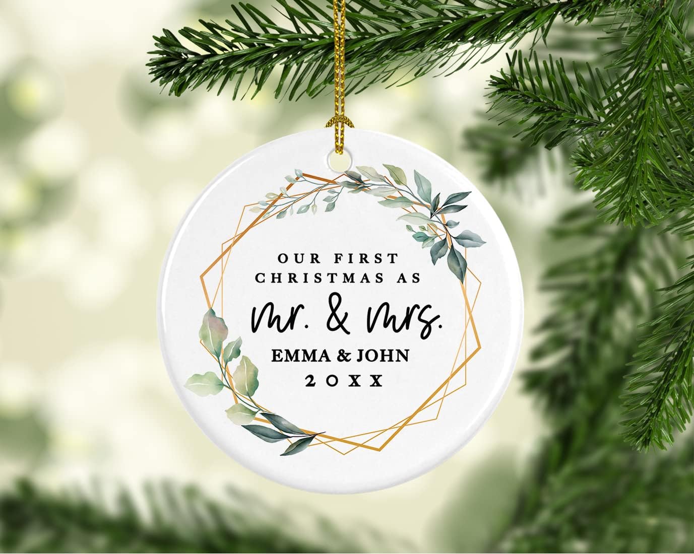 Andaz Press Personalized Our First Christmas As Mr. & Mrs. 2025 Christmas Ornaments Geometric Greenery 2.8" Round Porcelain Ceramic 1st Year Married Custom Ornament for Newlyweds Keepsake 1-Pack