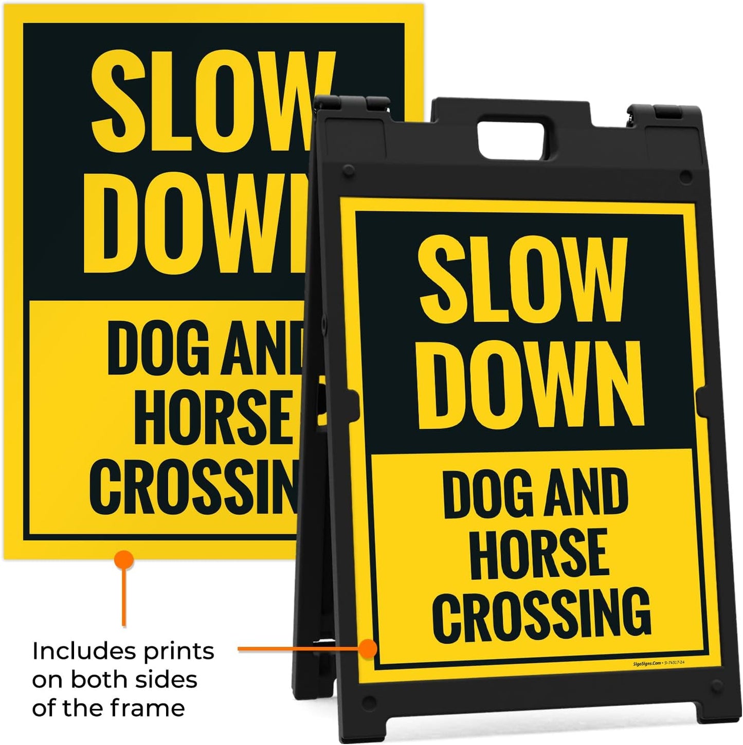 Slow Down Dog and Horse Crossing Sidewalk Sign Kit, 18x24 Inches, with A Frame Stand, Made in USA