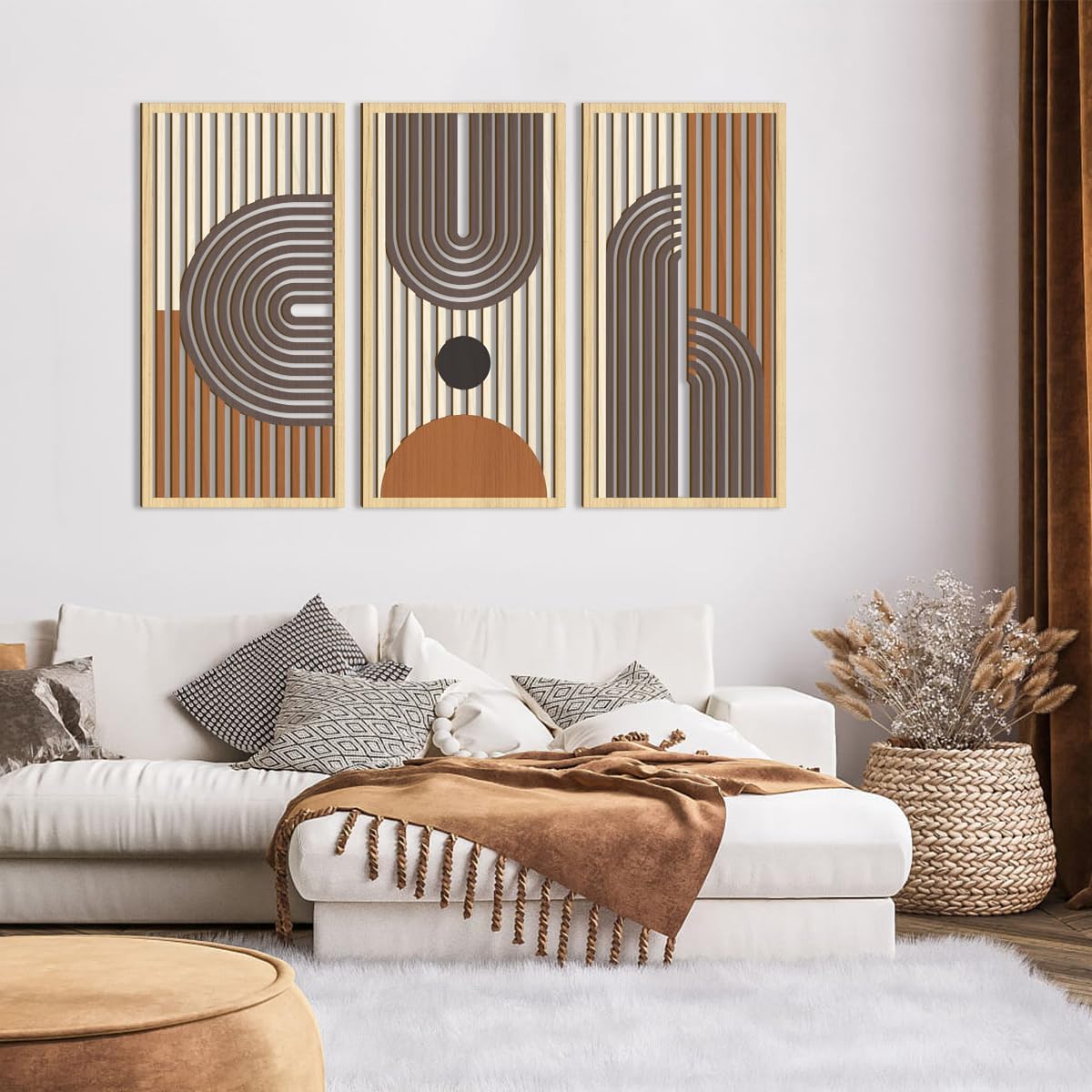 IARTTOP Mid century Modern Decor 16x32 Inch Large Boho Wood Wall Art Abstract Wooden Wall Decor Minimalist Bohemian Orange Artwork for Living Room Bedroom Office Set of 3