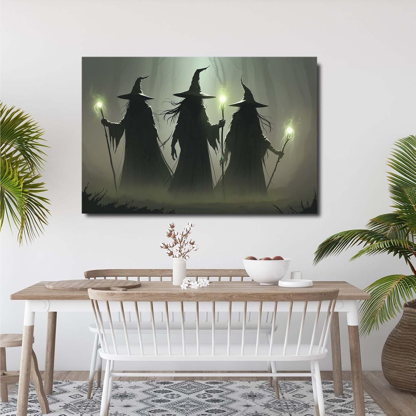 JFHCQJPK Vintage 3 witches canvas wall decor melancholy dark Halloween poster wall decor holding a staff print Gothic horror Halloween painting print for living room bedroom16x24in Frameless