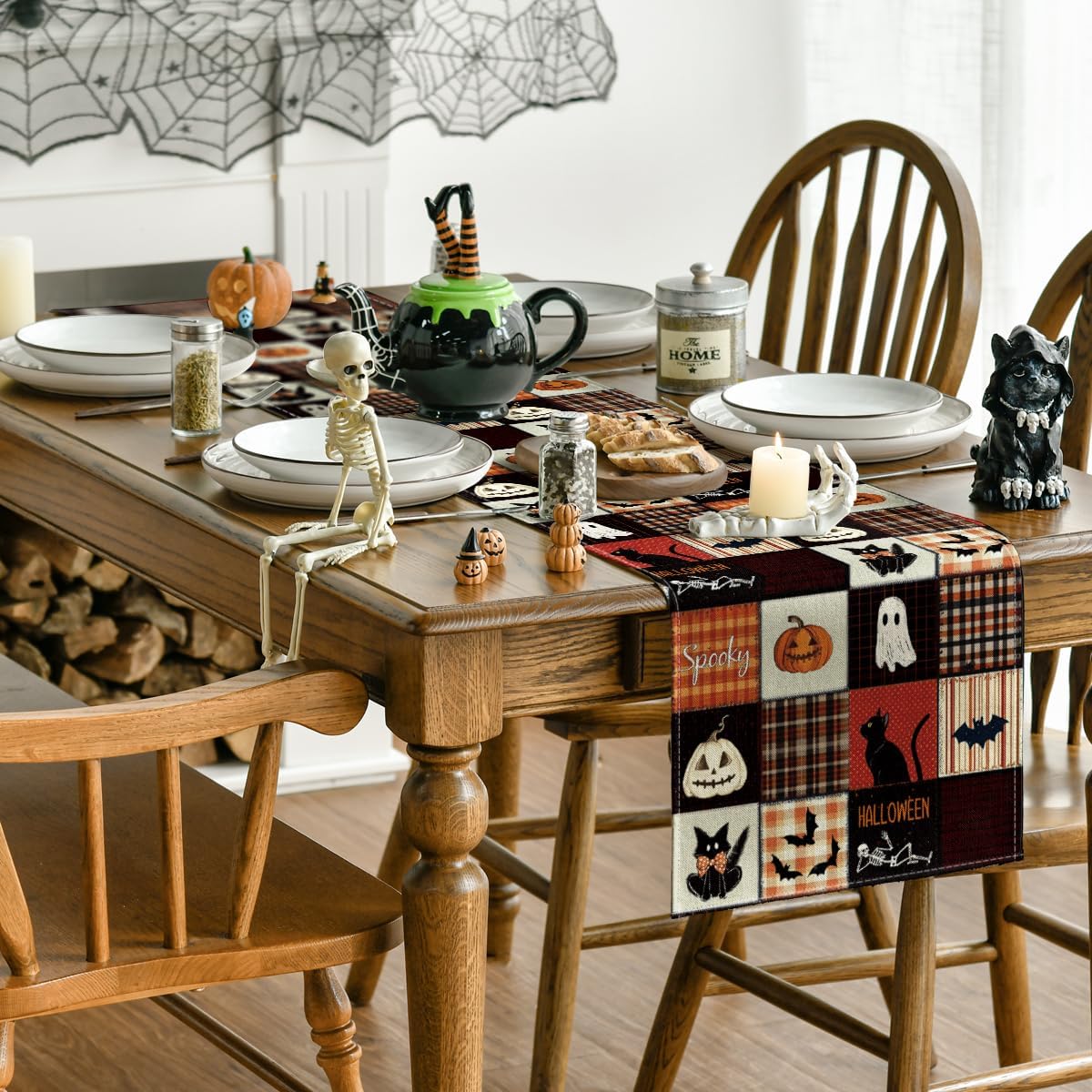 Artoid Mode Black Cat Bat Pumpkin Spooky 210 GSM Halloween Table Runner, Ghost Kitchen Dining Table Decoration for Home Party Decor 13x48 Inch
