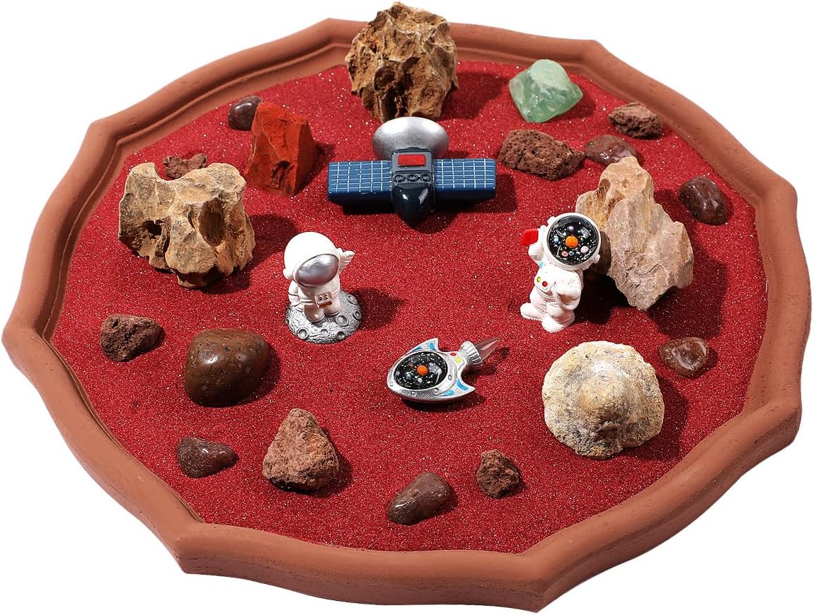 Desktop Zen Garden Kit -Mars Space Exploration Themed Zen Decor Sand,Astronaut Statue Figurines,Irregular Red Raw Sandstone Sand Tabletop Decoration,Zen Office Desktop Decoration Gift (Red)
