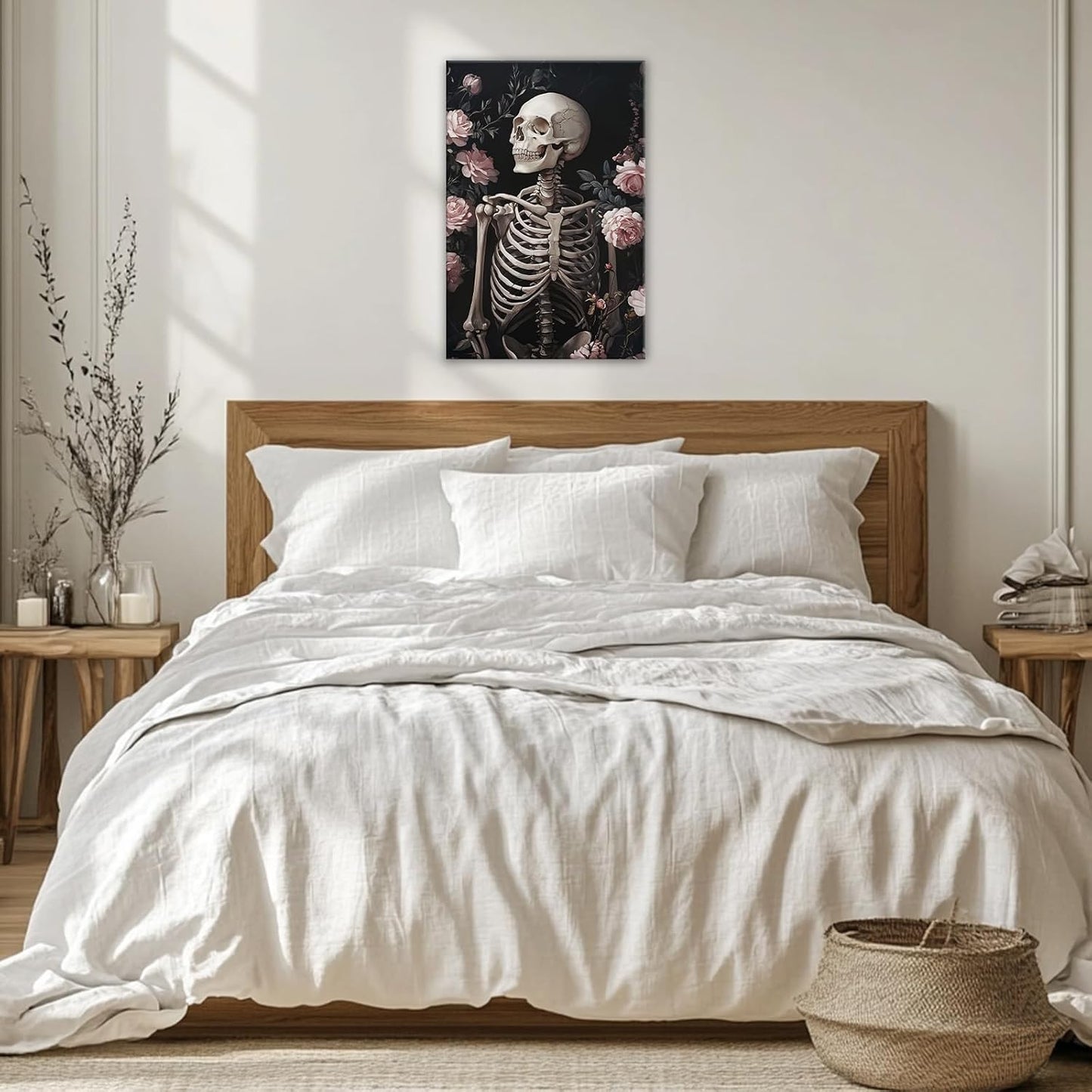OAAPITI Skull Floral Wall Art Vintage Skeleton Portrait Canvas Print Dark Gothic Skull Art for Living Room Bedroom Home Wall Decor Ready to Hang(Artwork-10,12"x18")