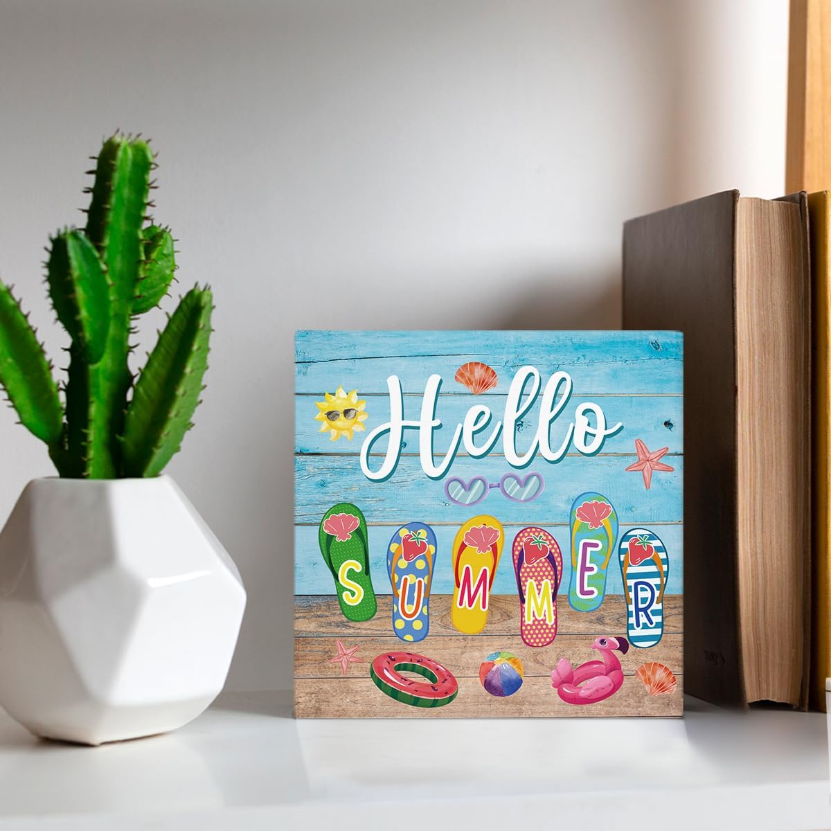 Summer Decor Hello Summer Decorations Flip Flop Wooden Sign Rustic Home Decor 5 x 5 Inches