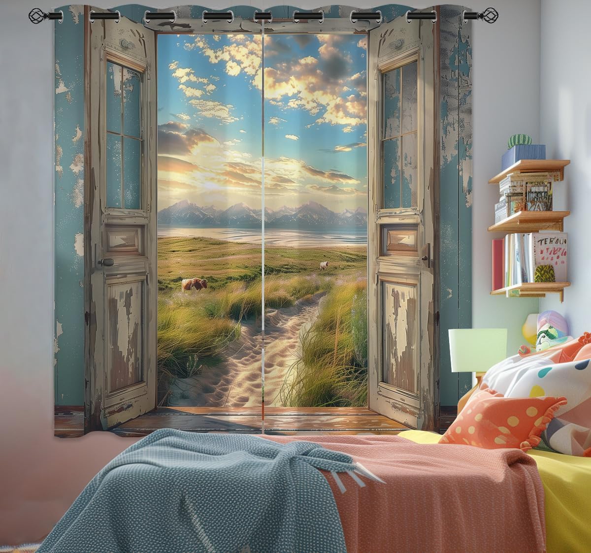 Landscape Blackout Curtains for Girls Boys Home Decor, Cow Sunset Grassland Mountain Natural Scenery Grommet Thermal Insulated Drapes Darkening Window Curtain for Bedroom Living Room, 63 x 63 Inch