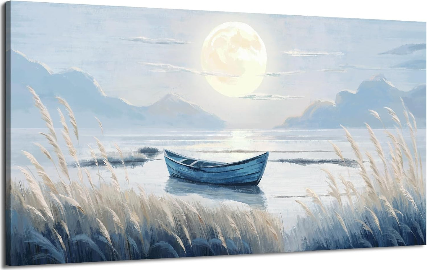 Large Wall Art for Living Room Bedroom Decor - Modern Nautical Beachy Ocean Beach Seascape Nature Artwork with Blue Boat Moon Lake Mountain Sea - Relaxing Serene Canvas Picture for Coastal Rustic Home