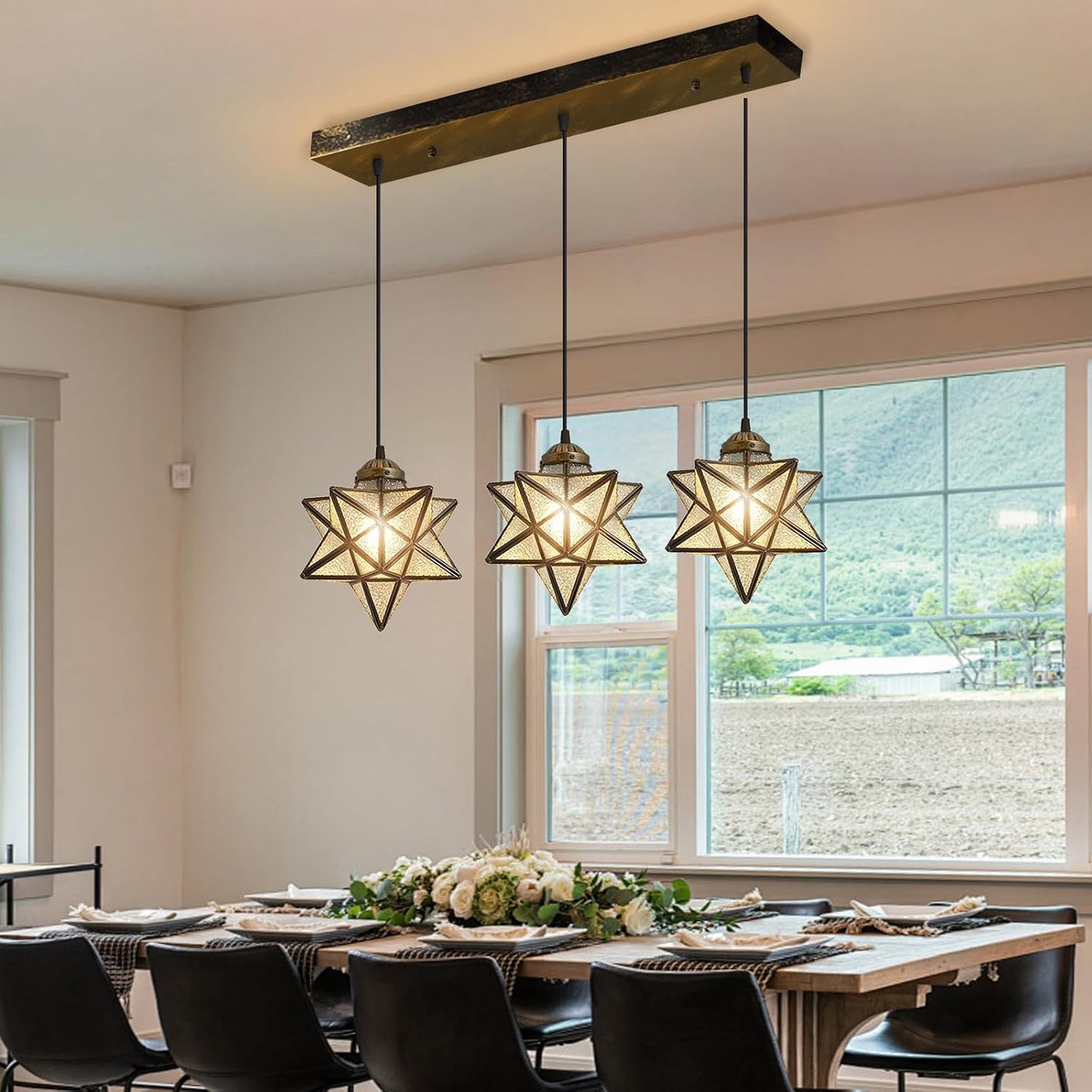 Glass Glam Chandelier 3 Lights Star Pendants Light Fixture for Dining Table Kitchen Island Modern Ceiling Hanging Lights Included LED Warm Light Bulbs Oiled Bronze