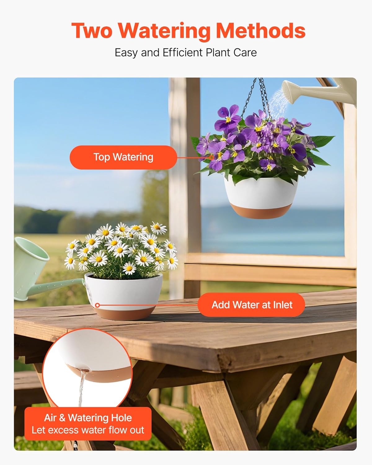 VEVOR Hanging Planters, 10 Inch Self-Watering Hanging Planter, 2 Pack Flower Pots with Drainage Hole & 2 Kinds of Plant Hangers, Plastic Basket Pots, for Garden Home Decor, Indoor & Outdoor Plants