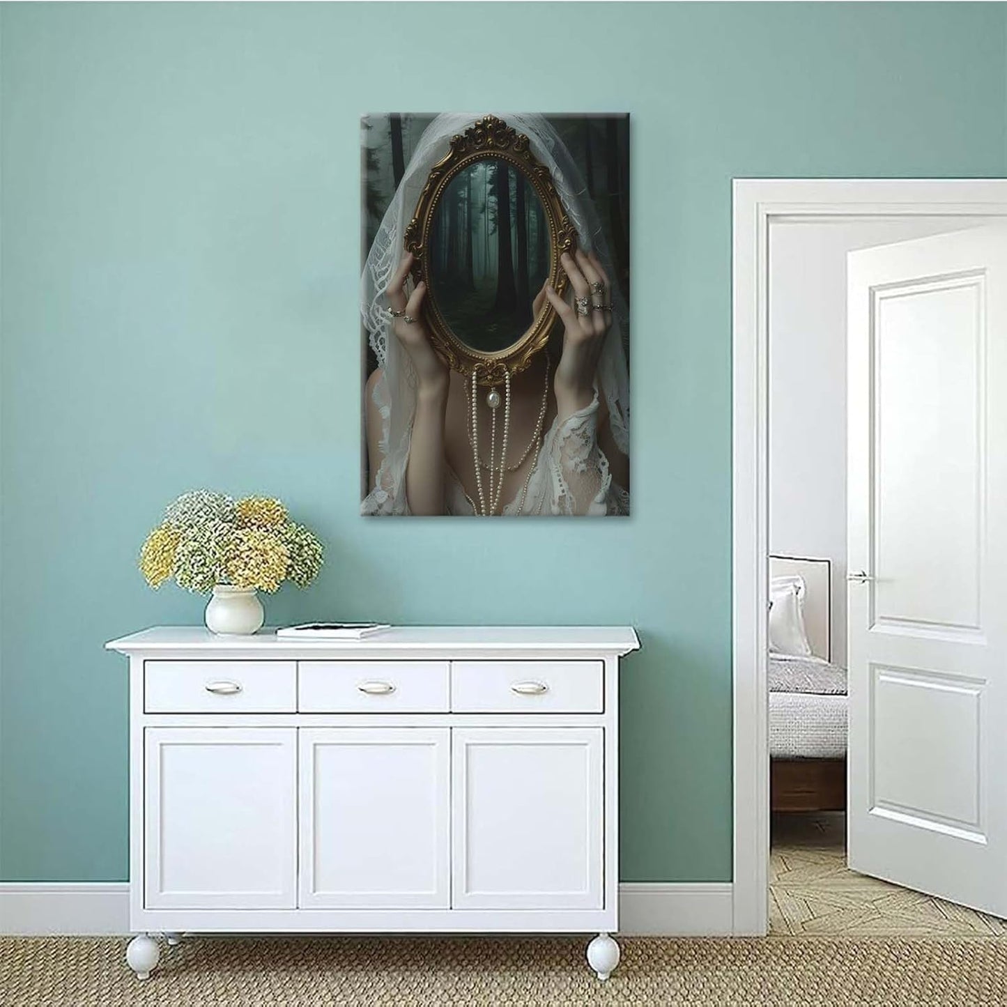 Mirror face covering dark art poster print melancholy gothic painting vintage feminine print victorian style decoration antique art28x40in Frameless