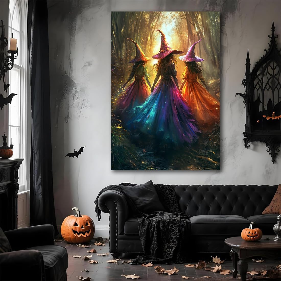 Halloween Room Decor Wall Art Colorful Witch Prints,Vintage Three Colorful Witches in Forest Halloween Posters,Fall Fantasy Aesthetic Pictures Playful Art Wall Decor for Bedroom,12"x18" Framed