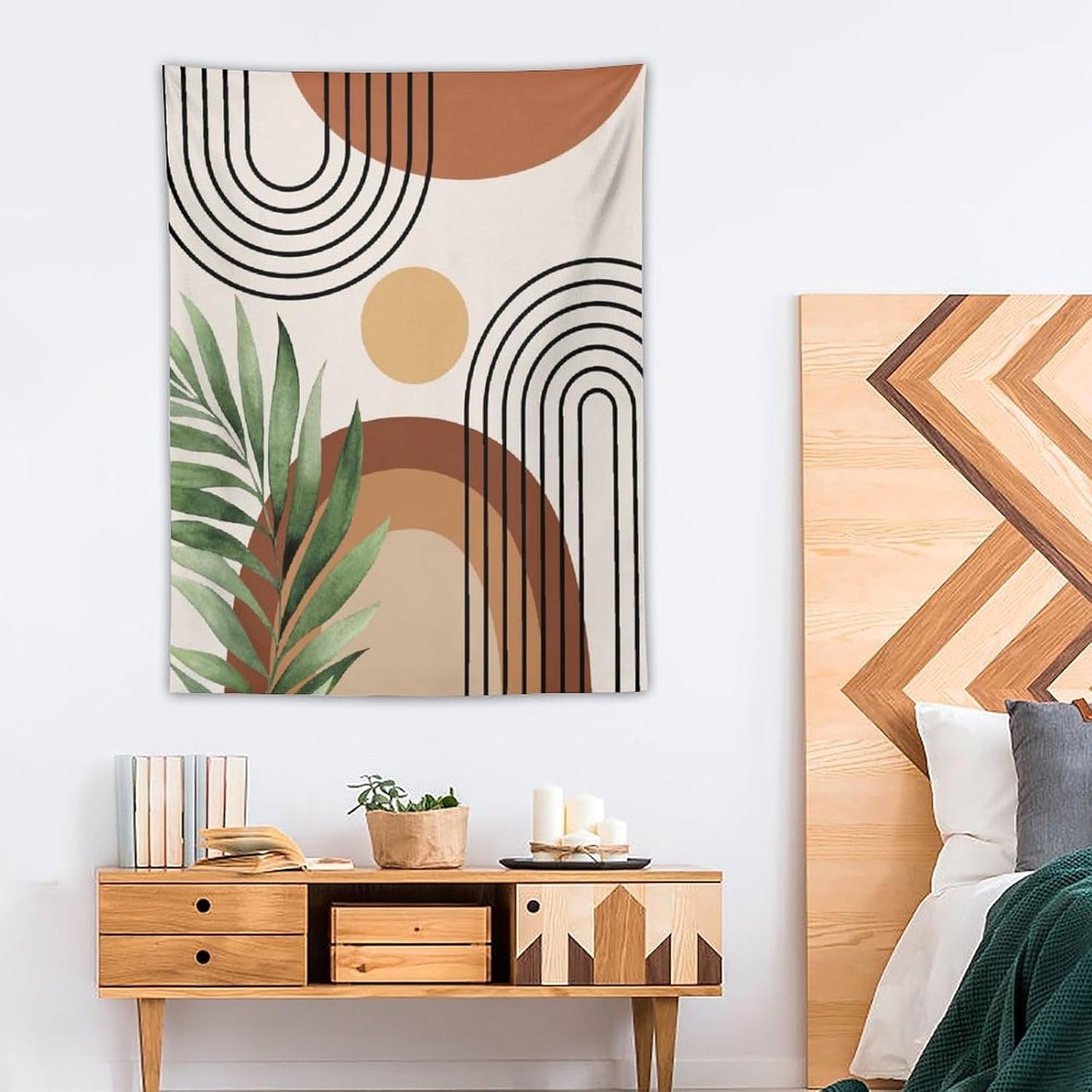 Abstract Bohemian Mid Century Tapestry, Tropical Leaves Modern Geometric Archway Minimalist Bohemian Botanical Aesthetic Wall Hanging, Sage Green Gold Home Decor Art for Bedroom 50x60 Inch