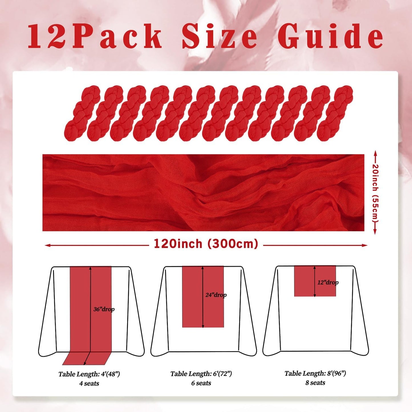 12 Pack Red 10FT Cheesecloth Table Runner Rustic Gauze Fabric Cheese Cloth Table Runner for Wedding Bridal Baby Shower Table Decor Boho Sheer Birthday Party Table Decorations 20 x 120 Inch Long