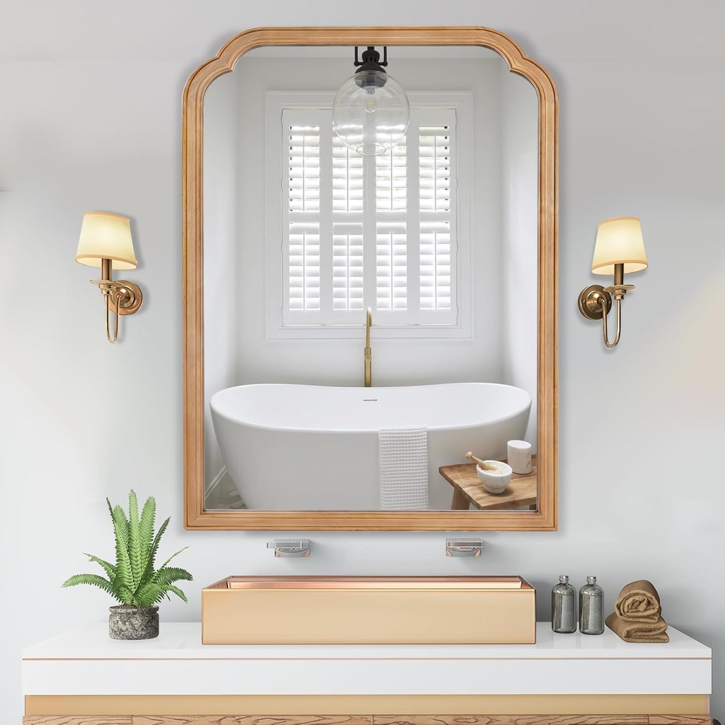 WallBeyond 30" x 40" Wood Bathroom Mirror for Wall Mounted, Rustic Rounded Corner Vanity Mirror for Entryway, Living Room or Bedroom Home Decorative [30" x 40" Natural Color]