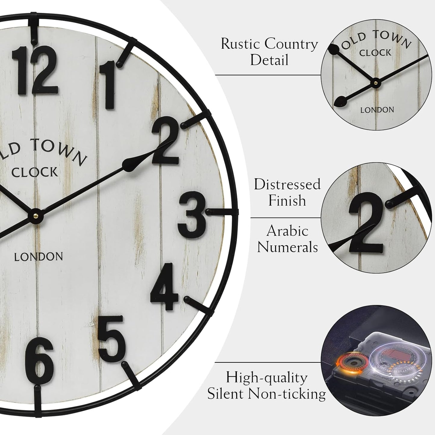 Large Old Town Farmhouse Wall Clock – 24 Inches Rustic Antique Wood with Metal Circle and Large Numerals, Silent Battery Operated Clock for Office, Kitchen, Bedroom, Living Room (Washed White)