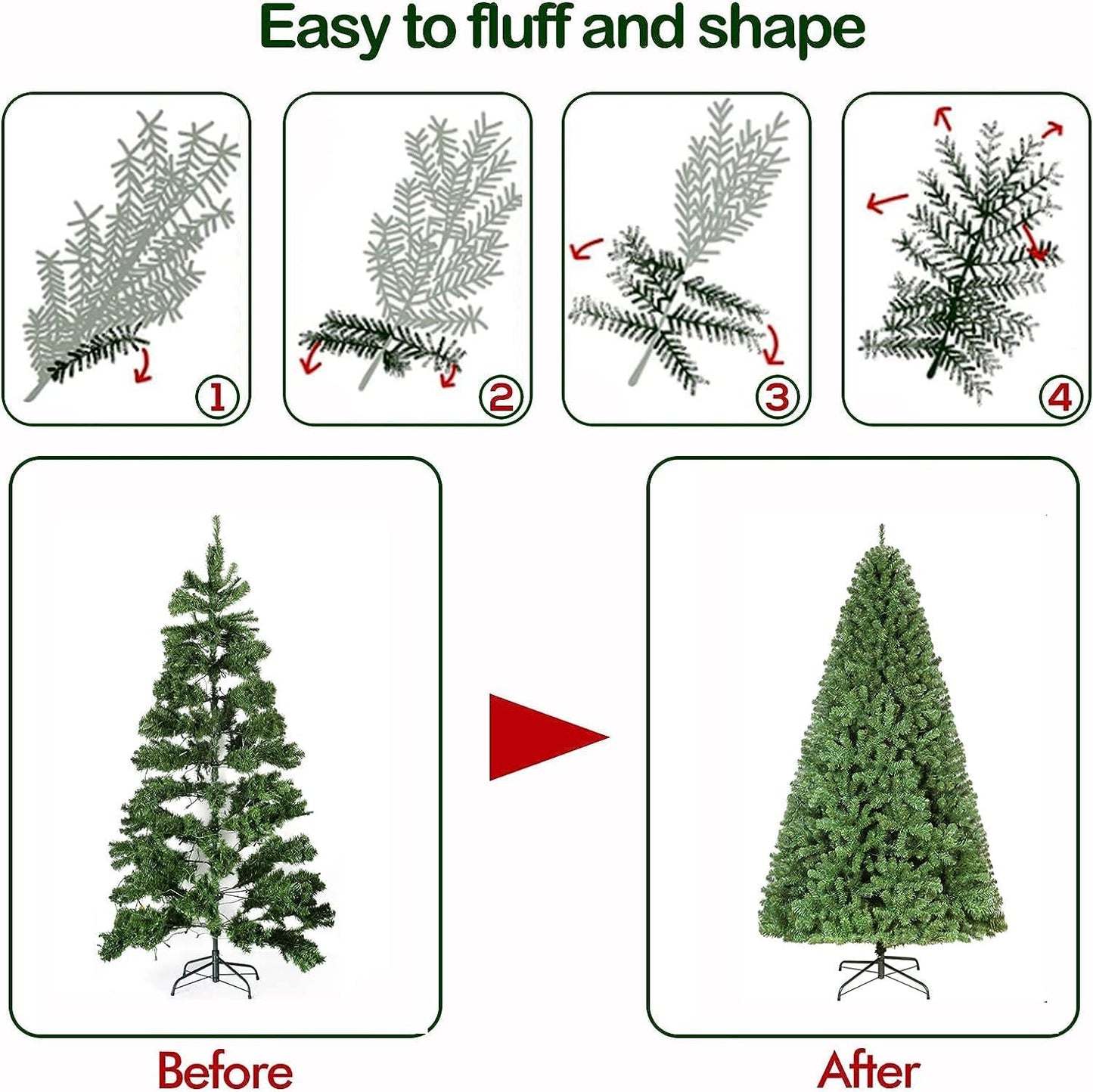 Hykolity 6 ft Prelit Christmas Tree, Artificial Christmas Tree with 250 Warm White Lights, 1032 Tips, Metal Stand and Hinged Branches