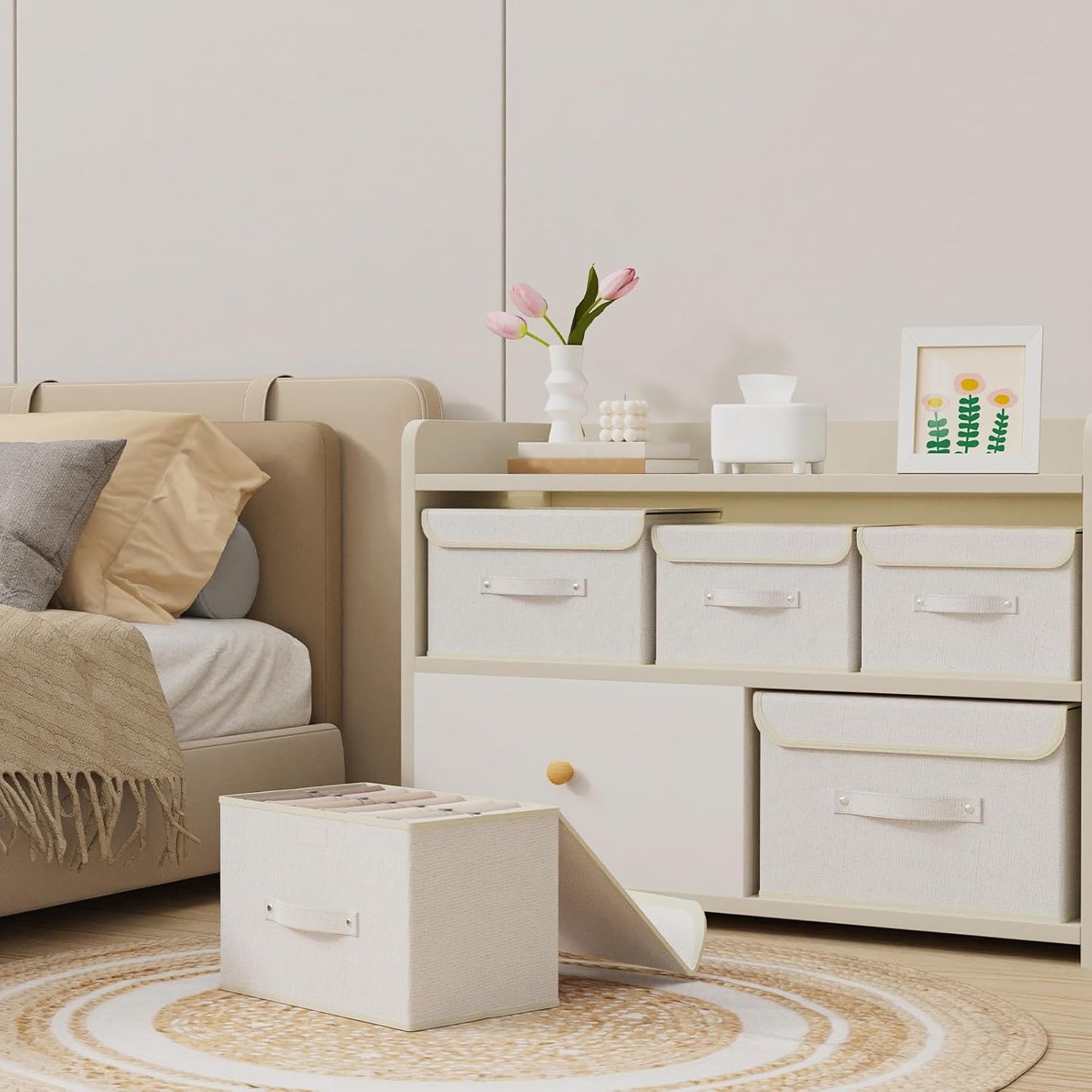 Fabric Storage Bins Cube Organizers with Flip-Top Lid and Handles,Storage Boxes for Organizing Home,Office,and Closet,Beige,3 Pack 15 x 9.8 x 9.8 in