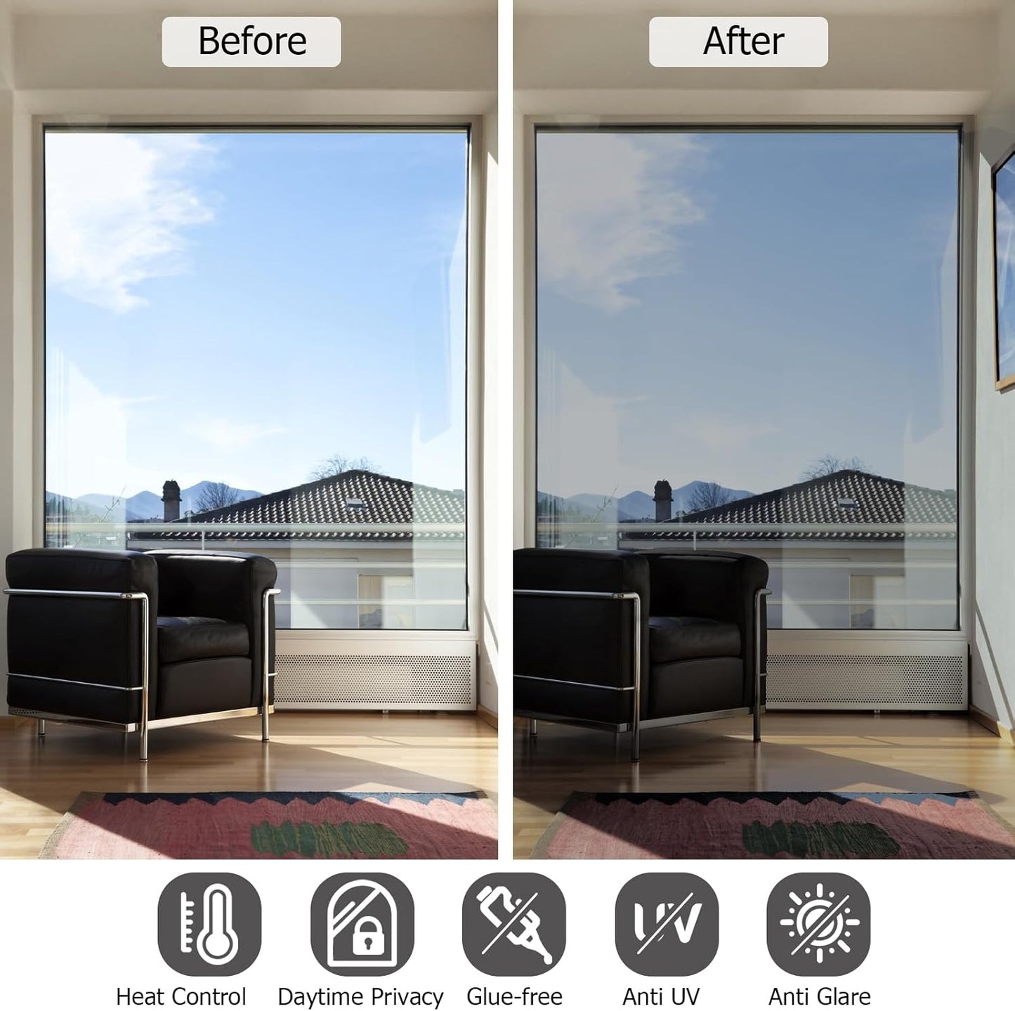 HIDBEA One Way Privacy Window Film, Daytime Privacy Sun Blocking Anti UV Reflective Window Film Heat Control Static Cling Window Tint Film for Home and Office, Silver, 41.3 x 78.7 Inch