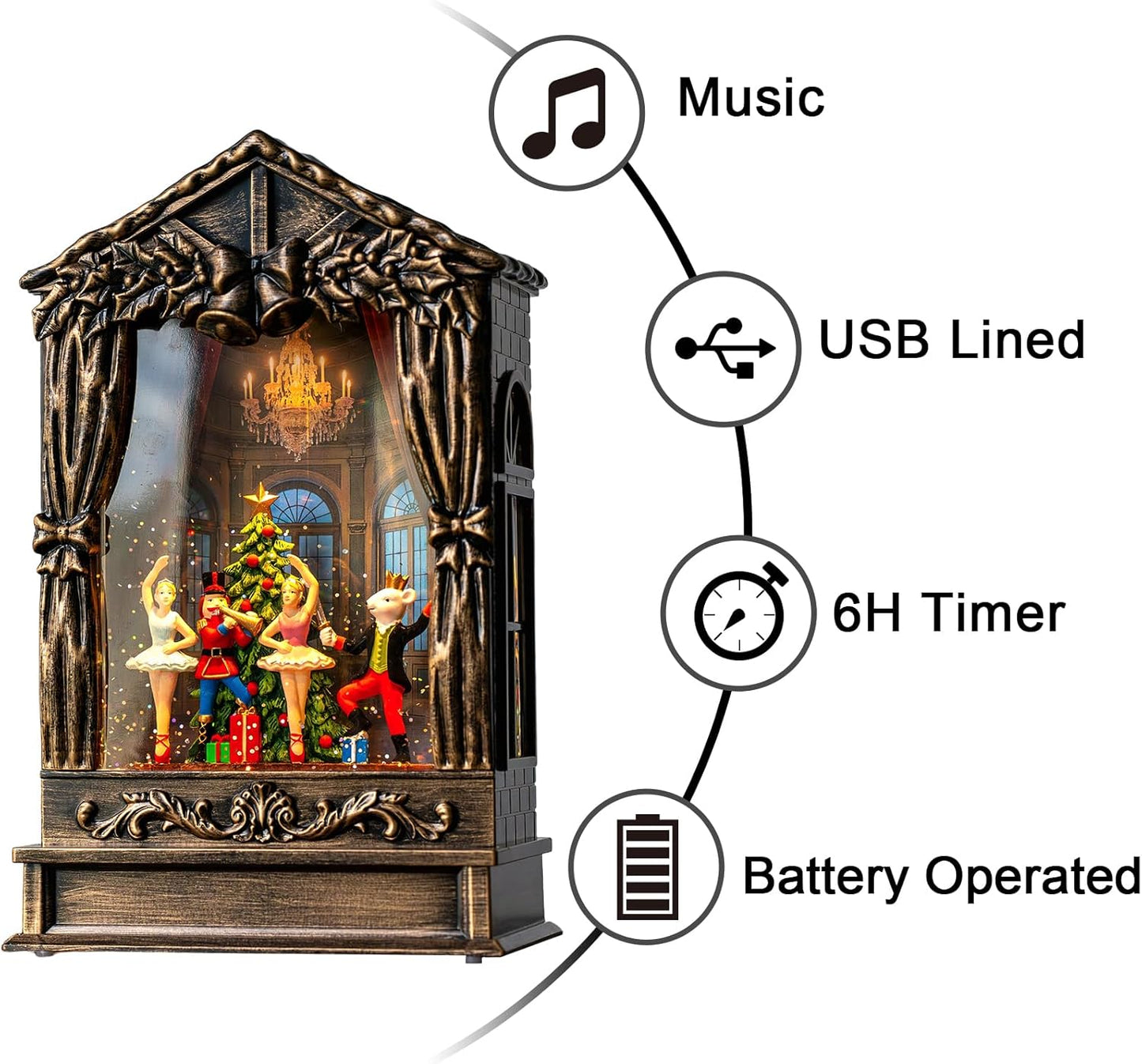Christmas Snow Globe Lantern Water Glittering Nutcracker Ballet Theatre with Music & Timer, USB Lined/Battery Operated Lighted Lantern for Christmas Festival Decoration Gifts