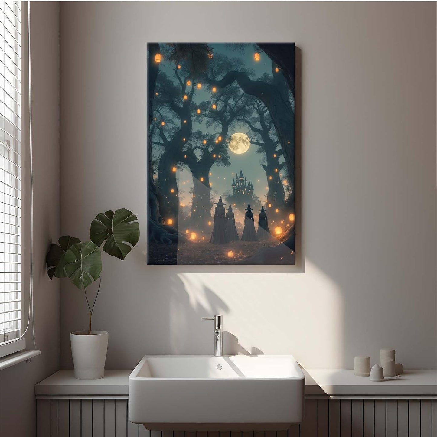 JFHCQJPK Mysterious creek painting witch and castle in magic forest art print canvas gothic print dark college decoration poster for home bedroom20x30in Frameless