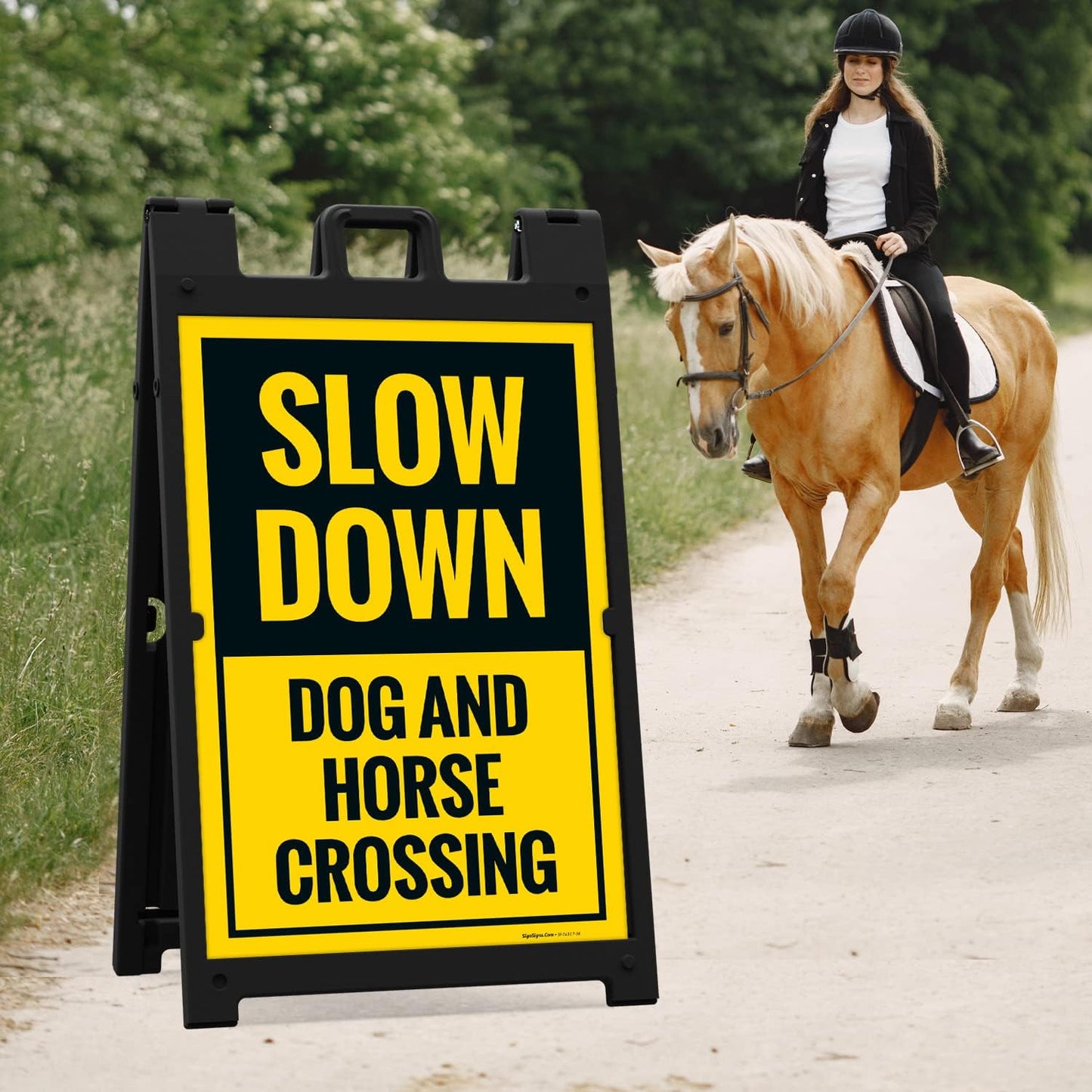 Slow Down Dog and Horse Crossing Sidewalk Sign Kit, 24x36 Inches, with A Frame Stand, Made in USA