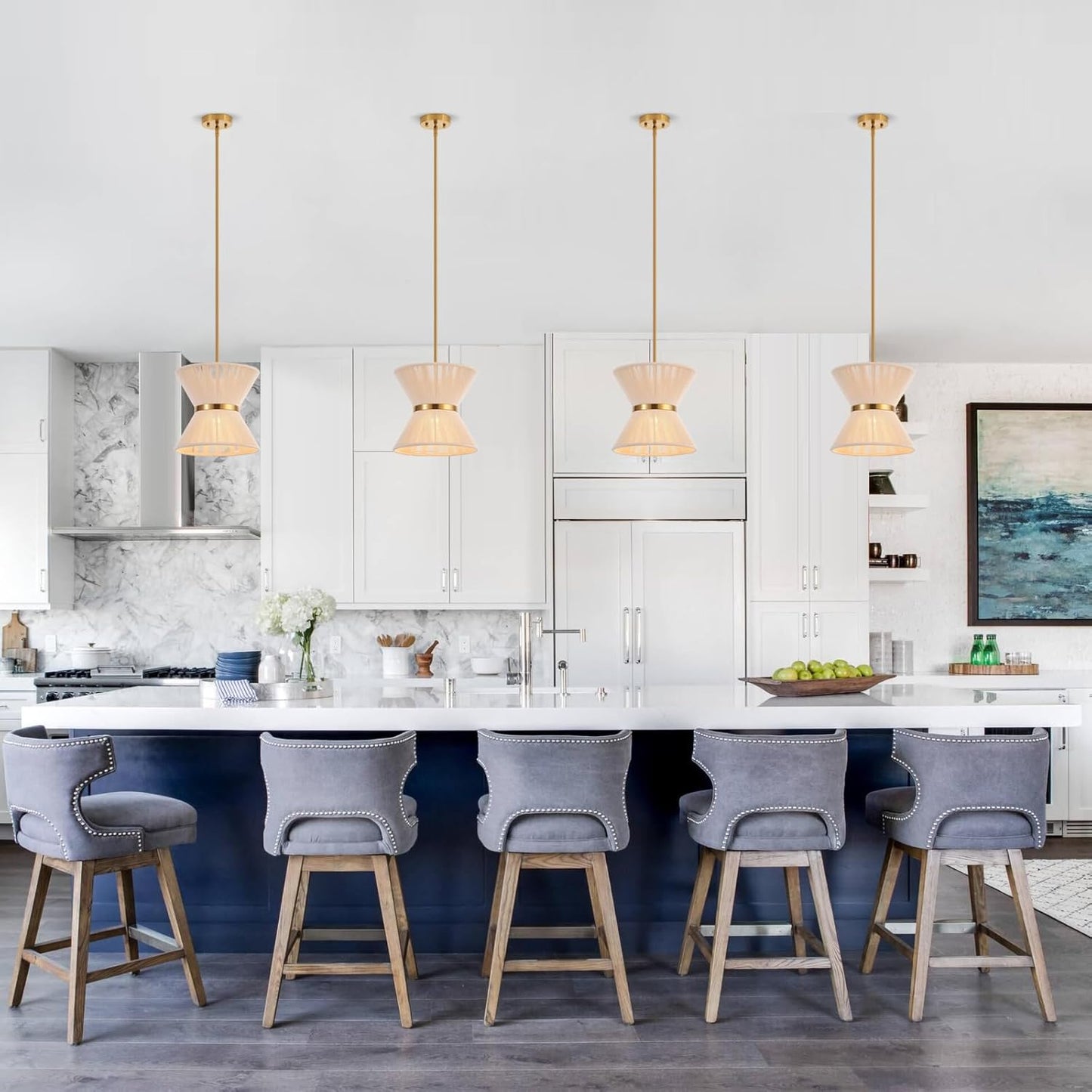 Hand Woven Boho Pendant Light Coastal Mini Modern Chandelier Adjustable Transitional Minimalist Pendant Lighting Fixtures for Kitchen Island Dining Room, White, Dia 12.2”, UL Listed