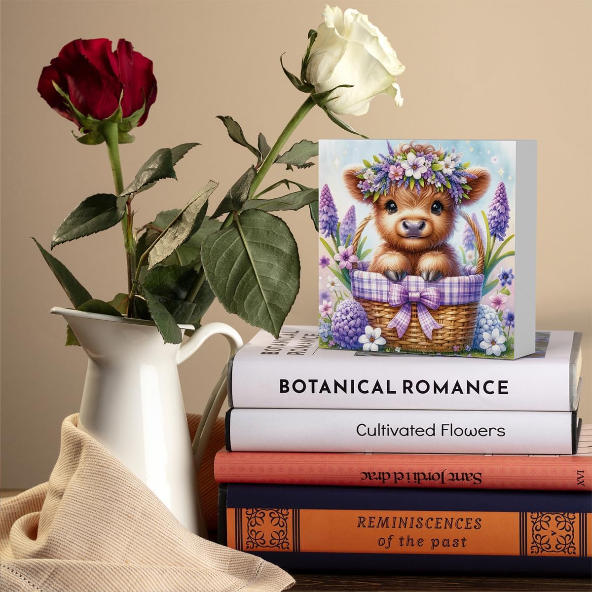 Highland Cow Hyacinth Flowers Decor, Highland Cow Bathroom Decor, Highland Cow Baby Decor, Highland Cow Nursery Decor, Wooden Box Decor Sign for Home Farmhouse Office Living Room Table Shelf Tiered