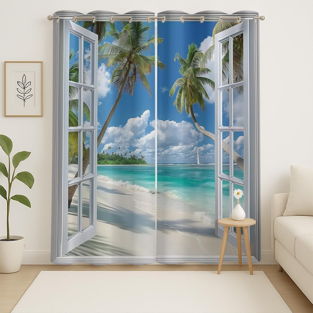 Beach Blackout Curtains for Girls Boys Teens Home Decor, Tropical Summer Scene Ocean Island Palm Tree Grommet Thermal Insulated Drapes Darkening Window Curtain for Bedroom Living Room, 42 x 63 Inch