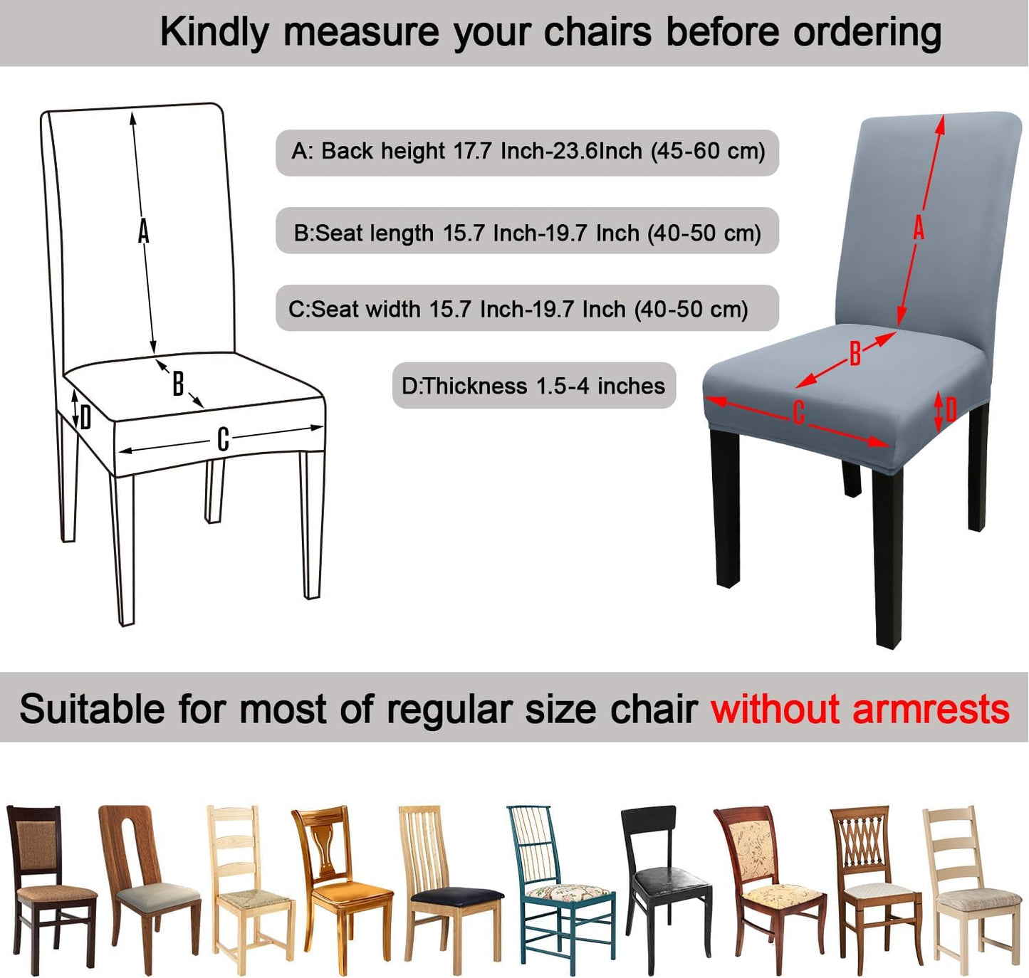 JQinHome Dining Room Chair Covers Set of 8, High Stretch Chair Slipcover Removable Washable Chair Seat Protector Cover for Home Party Hotel Wedding Ceremony (Light Grey)