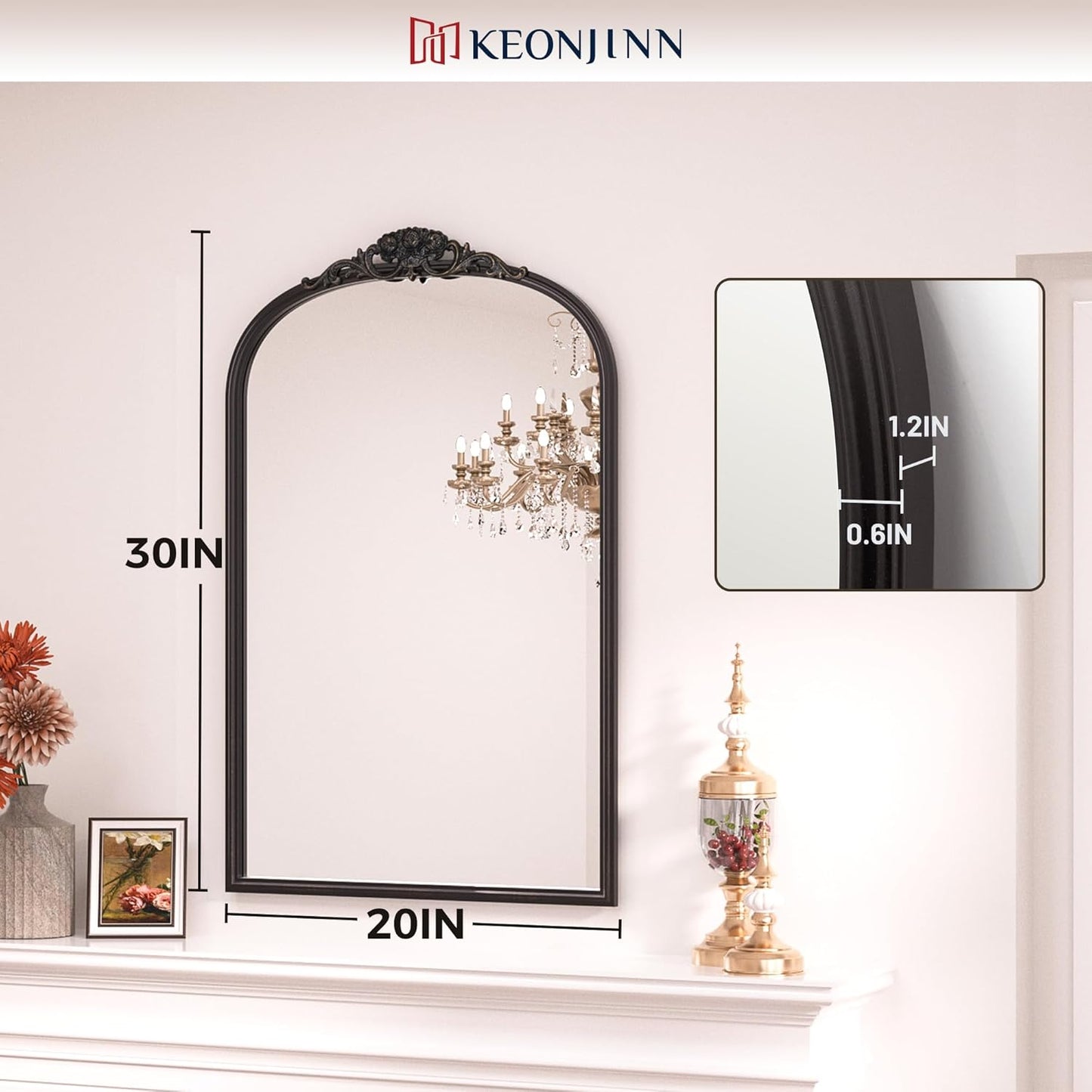 Keonjinn Antique Arch Mirror 20" x 30", Black Ornate Vintage Mirror, Baroque Decorative Mirrors for Mantle, Bathroom, Living Room, Hallway, Fireplace, Flench Cleat Mounting