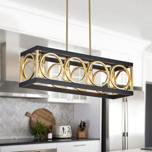 XINGQI Modern Rectangle Chandelier, Farmhouse Kitchen Island Lighting Rustic Industrial Hanging Light Fixture 4-Light Metal Linear Pendant for Dining Room Living Room Hallway, Black and Gold