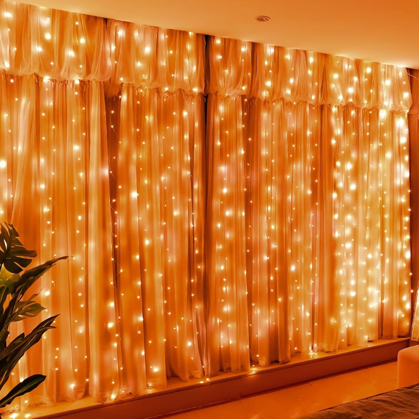 HXWEIYE 300LED Orange Fairy Curtain Lights with Remote 8 Modes Timer for Bedroom, 9.8x9.8Ft USB Plug in Christmas Fairy String Hanging Lights for Fall, Halloween, Weddings, Party, Wall, Decorations