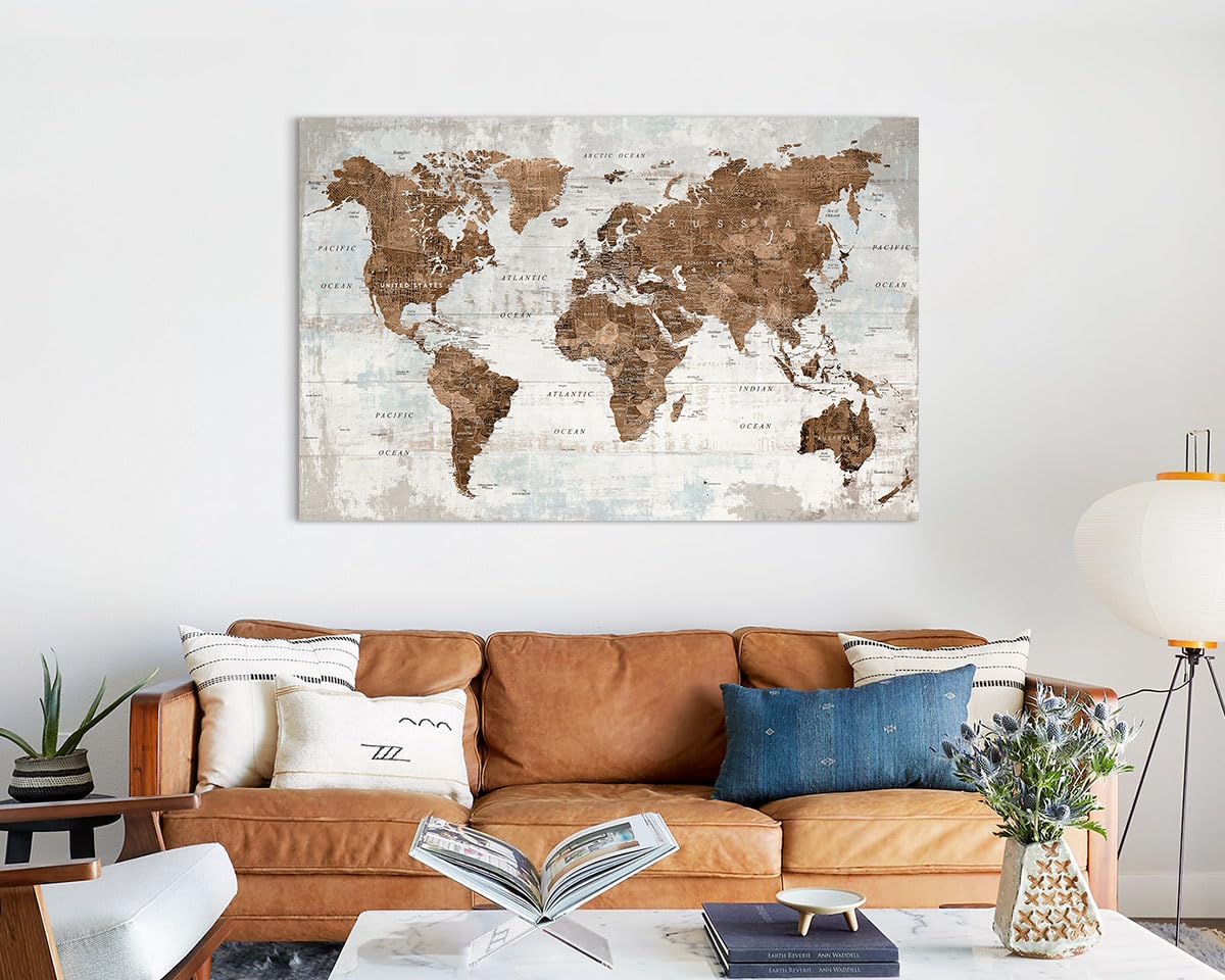 Large Wall Art Vintage Brown World Map Canvas Pictures for Men Home Office Bedroom Wall Decor for Living Room Oversize Artwork