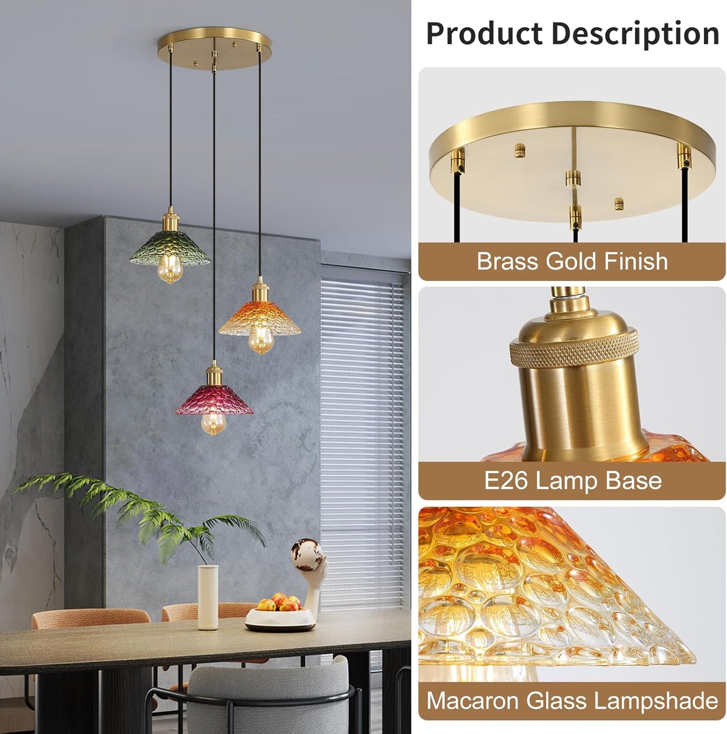 Glass Ceiling Chandelier,3-Light Colorful Hanging Pendant Light,Mid Century Modern Glass Pendant Light Fixture for Dining Room, Hallway, Living Room,Farmhouse,Kitchen Island