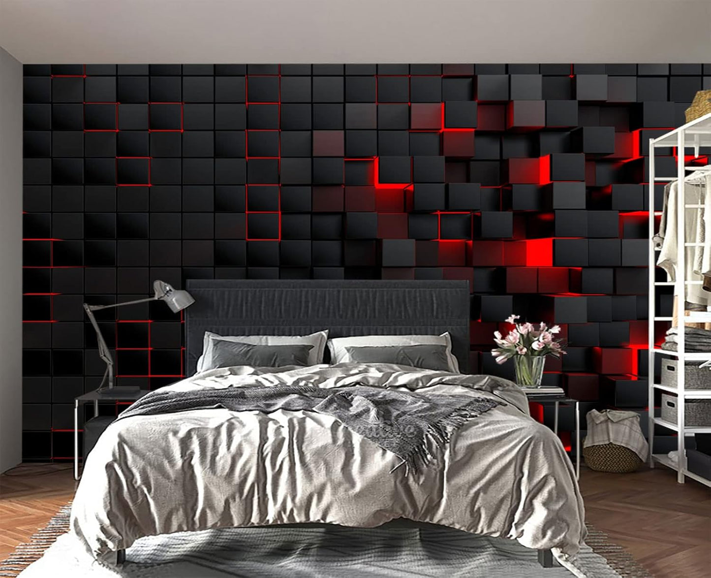 Tech Red Blocks Wall Mural Wallpaper for Bedroom 137" x 100"