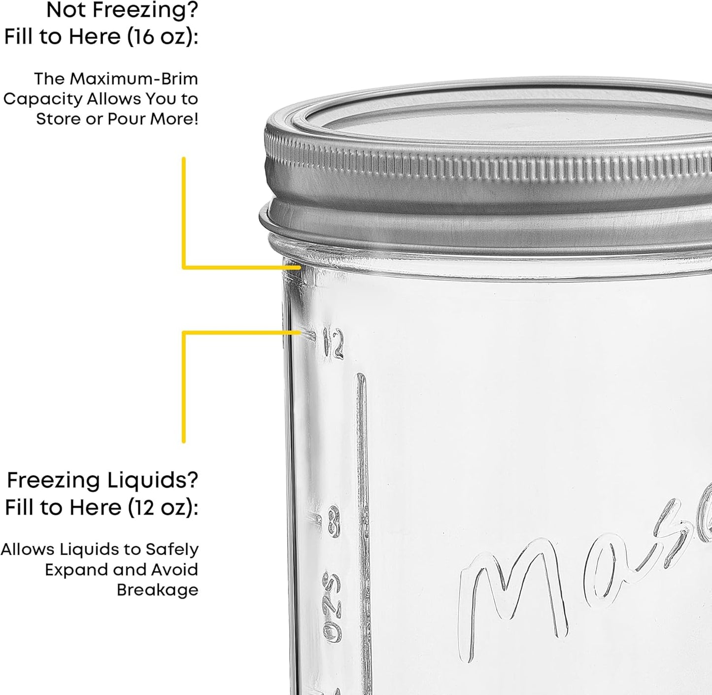 JoyJolt 16 Oz Mason Jars With Lids, Labels and Measures! 6-Pack Wide Mouth Mason Jars, Glass Jar with Lid and Band. Airtight Canning Jars, Overnight Oats Jars, Salad Jars, Sourdough Starter Jar