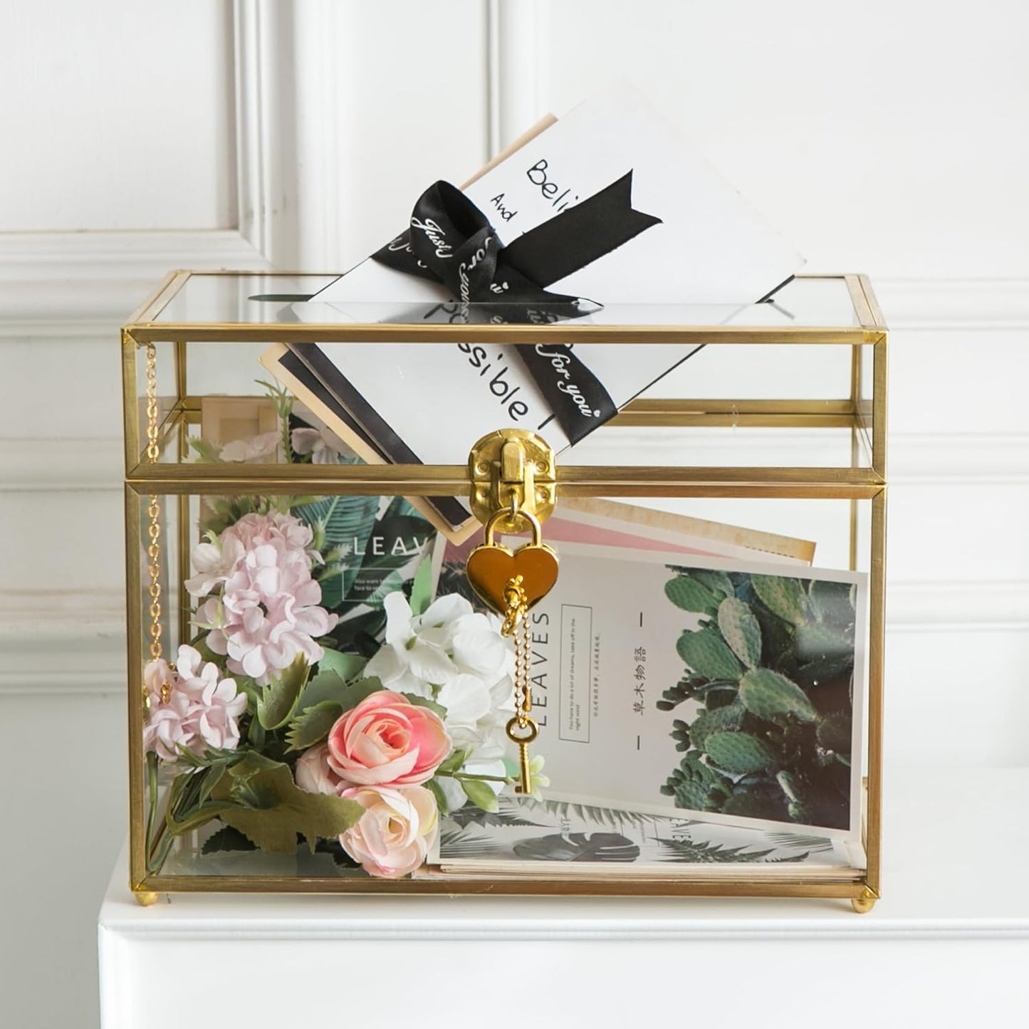Glass Wedding Card Box with Slot, 10.2 inch Clear Card Box Gold Brass Gift Card Storage Box with Lock Perfect for Wedding Receptions, Baby Shower, Birthday Party, Bridal Shower