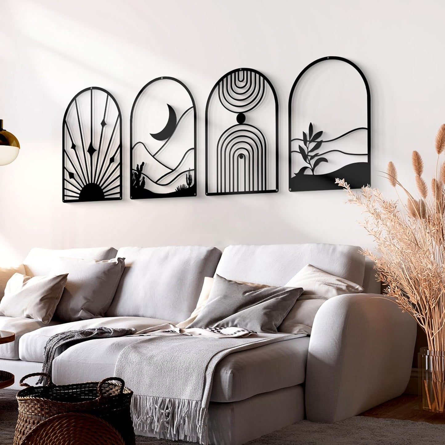 Glamativity 4 Pack Black Abstract Metal Wall Art, Minimalist Décor Single Line Art Wall Décor, 3D Textured Metal Wall Sculptures, for Living Room Bedroom Bathroom Study Room (Black Boho, L Size 22.5 x 15.7'')