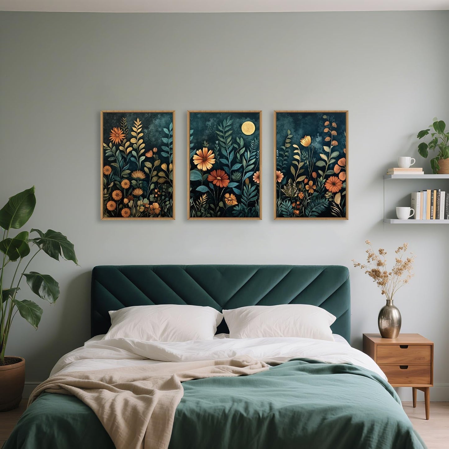 Vintage Dark Botanical Framed Canvas Wall Art Set, Colorful Floral Wall Decor, Nature Wildflower Wall Painting, Colorful Blossom Art Prints for Living Room, Bedroom, Office - 16"X24"X3
