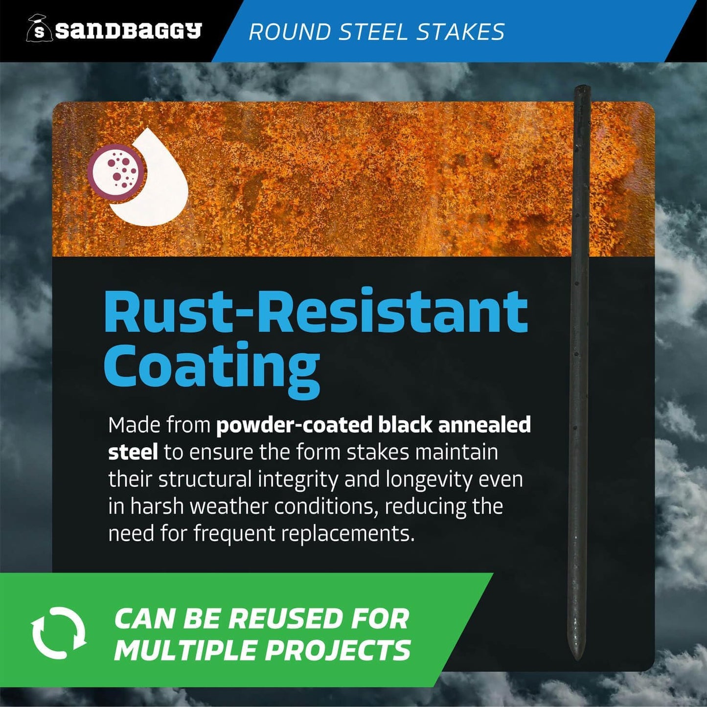 Sandbaggy Round Steel Concrete Form Stakes with Nail Holes - Rust Resistant Coating - Removable, Reusable (5, 3/4 in X 24 in)