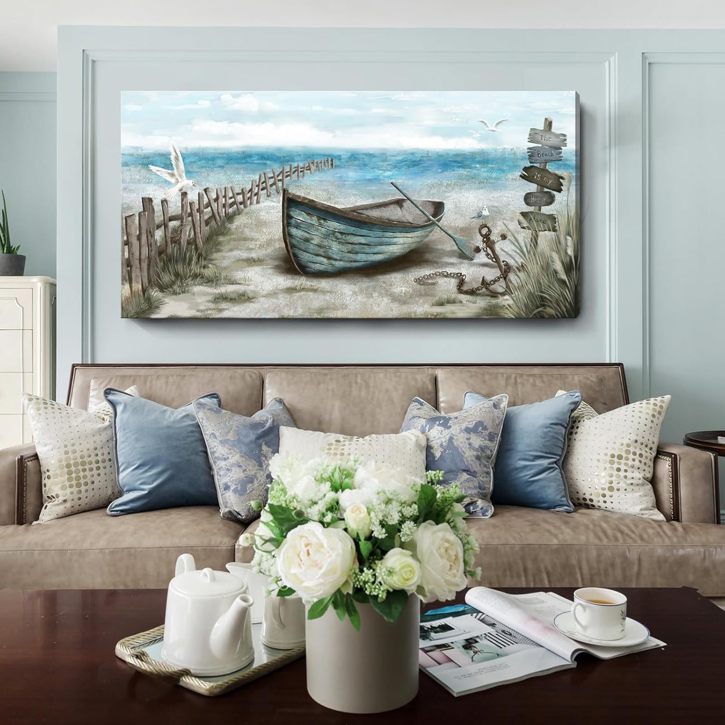 amatop Extra Large Wall Art for Living Room Rustic Coastal Décor Canvas Print Seagull Vintage Ship Sea Bird Artwork Blue Nature Big Beach Landscape Painting Seaside Ocean Picture for Bedroom Décor