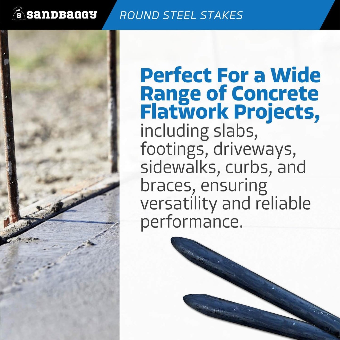 Sandbaggy Round Steel Concrete Form Stakes with Nail Holes - Rust Resistant Coating - Removable, Reusable (400, 3/4 in X 18 in)