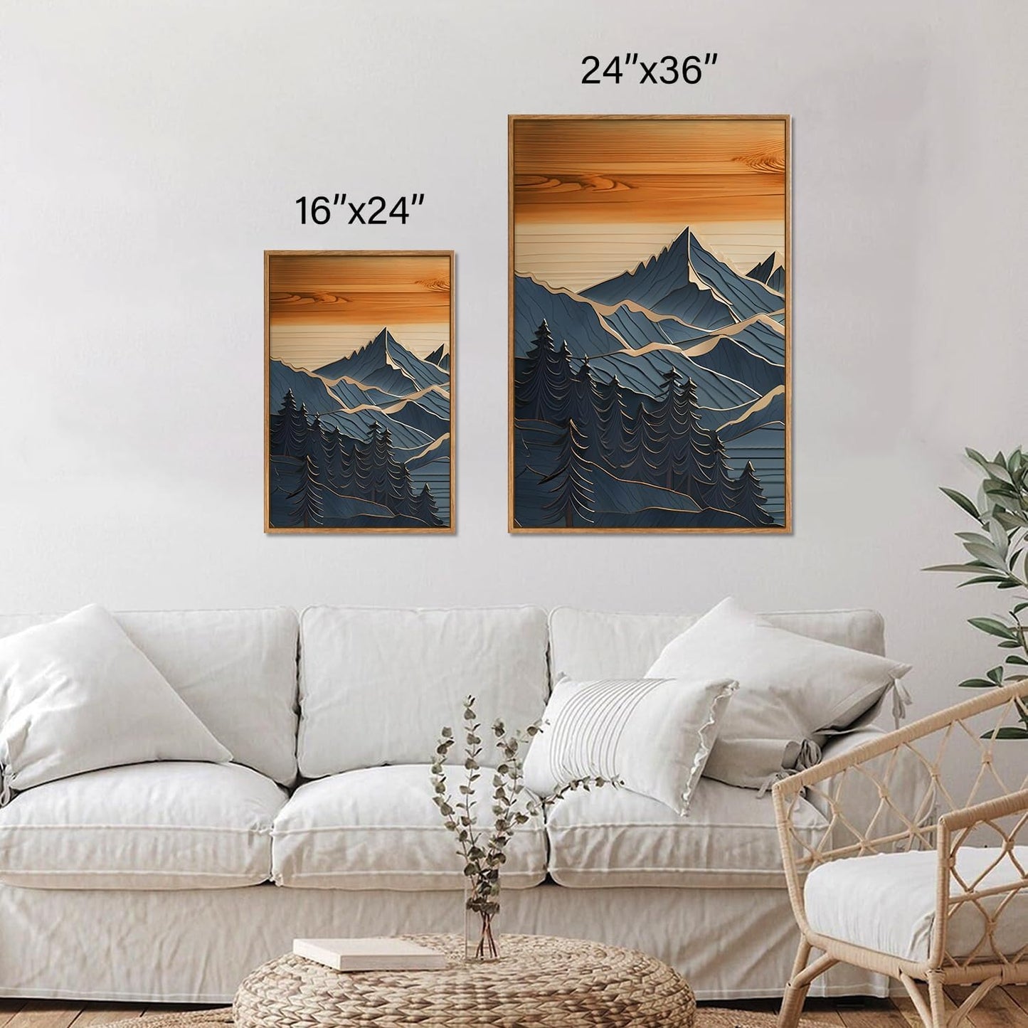 Tinonedraw Metal Mountain Framed Canvas Wall Art, Boho Mountains Artworks, Mid Century Modern Blue Ridge Wall Decor, Vintage Nature Forest Sunset Art Print for Living Room Bedroom Office 24"x36"x3