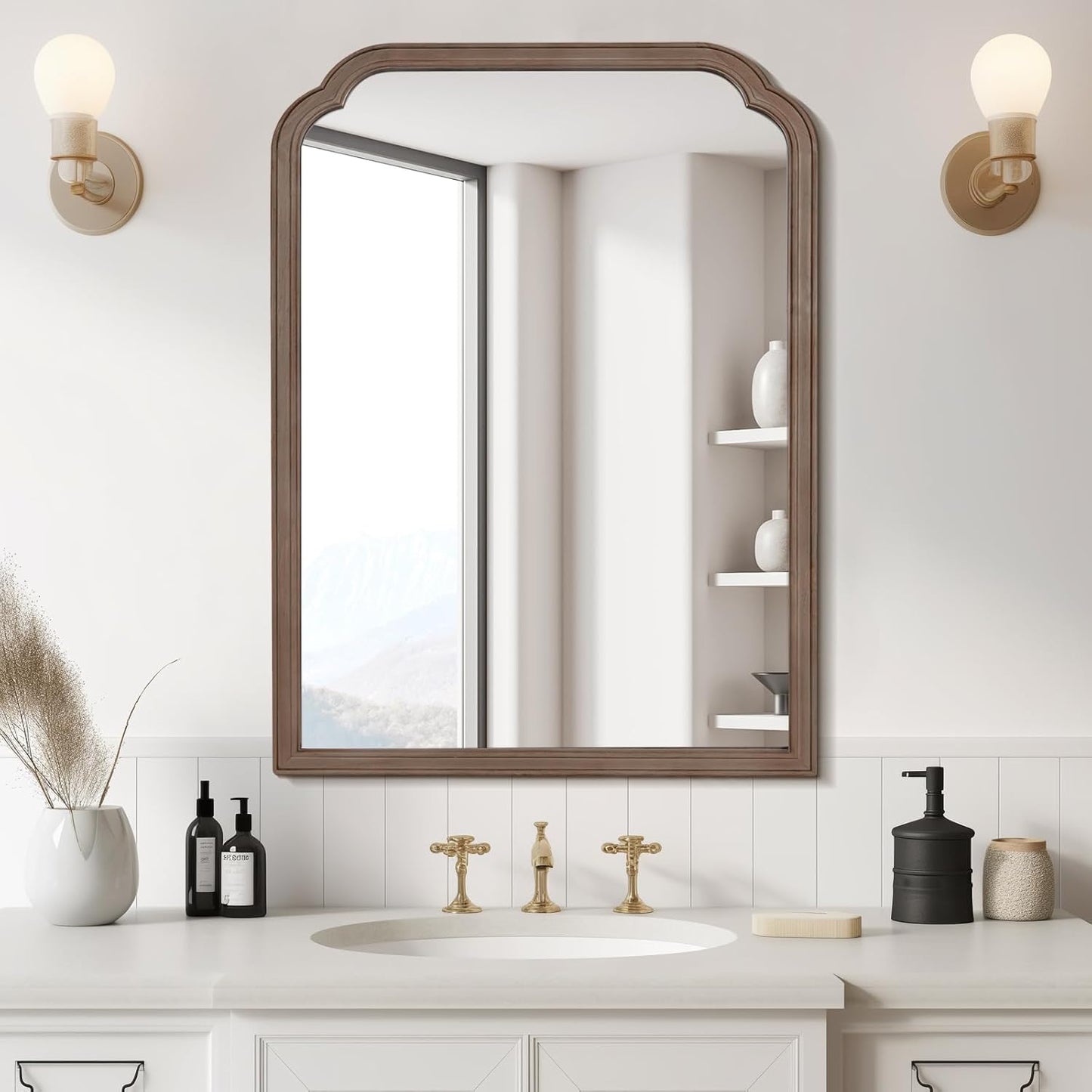 WallBeyond 30" x 40" Wood Bathroom Mirror for Wall Mounted, Rustic Rounded Corner Vanity Mirror for Entryway, Living Room or Bedroom Home Decorative [30" x 40" Walnut]